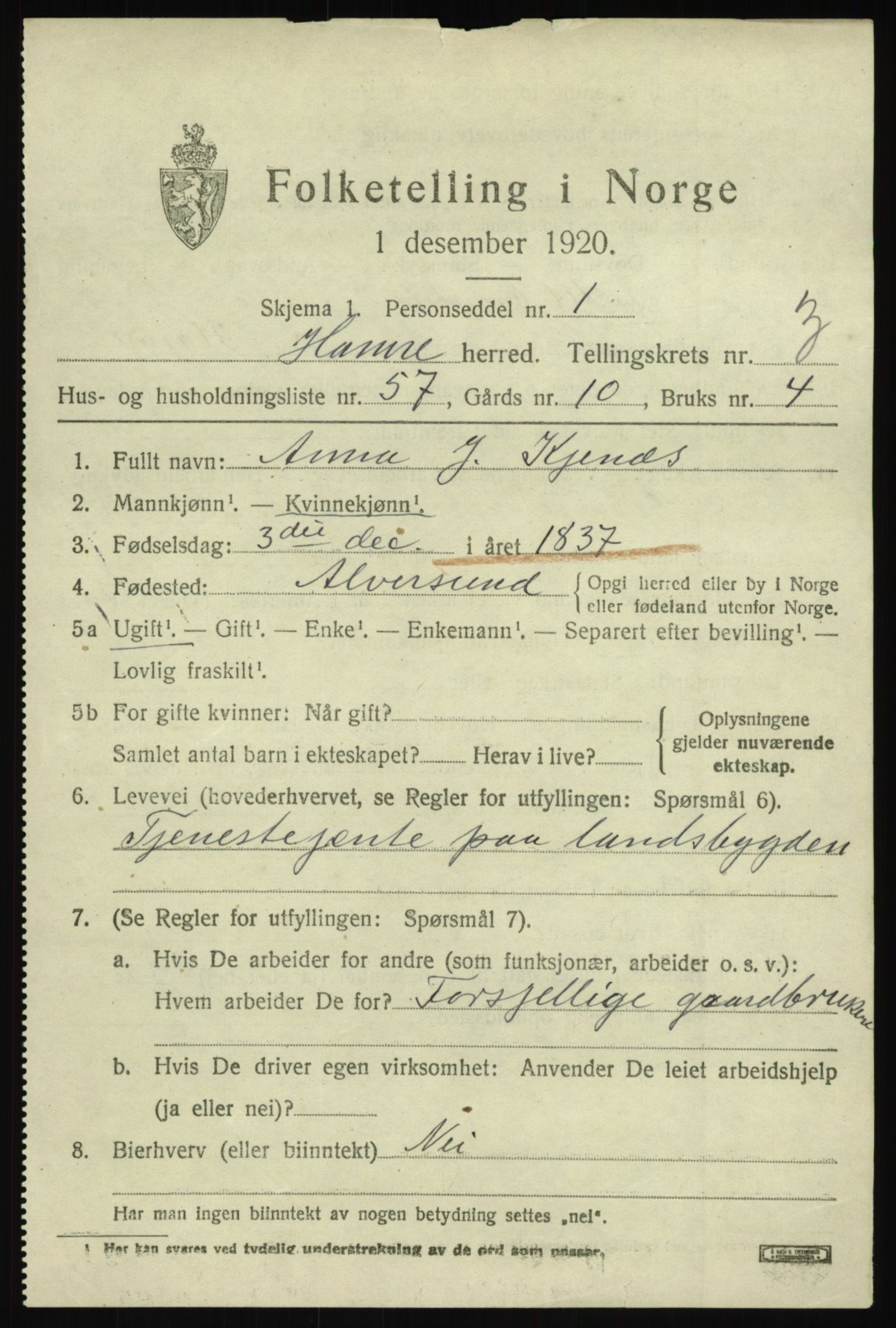 SAB, 1920 census for Hamre, 1920, p. 2337