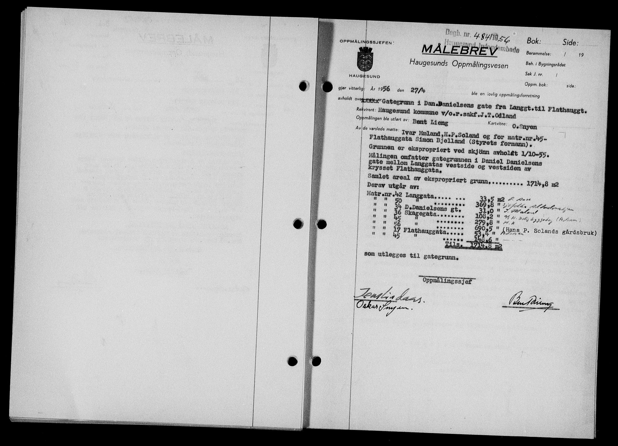 Haugesund tingrett, AV/SAST-A-101415/01/II/IIC/L0067: Mortgage book no. A 8, 1954-1956, Diary no: : 484/1956