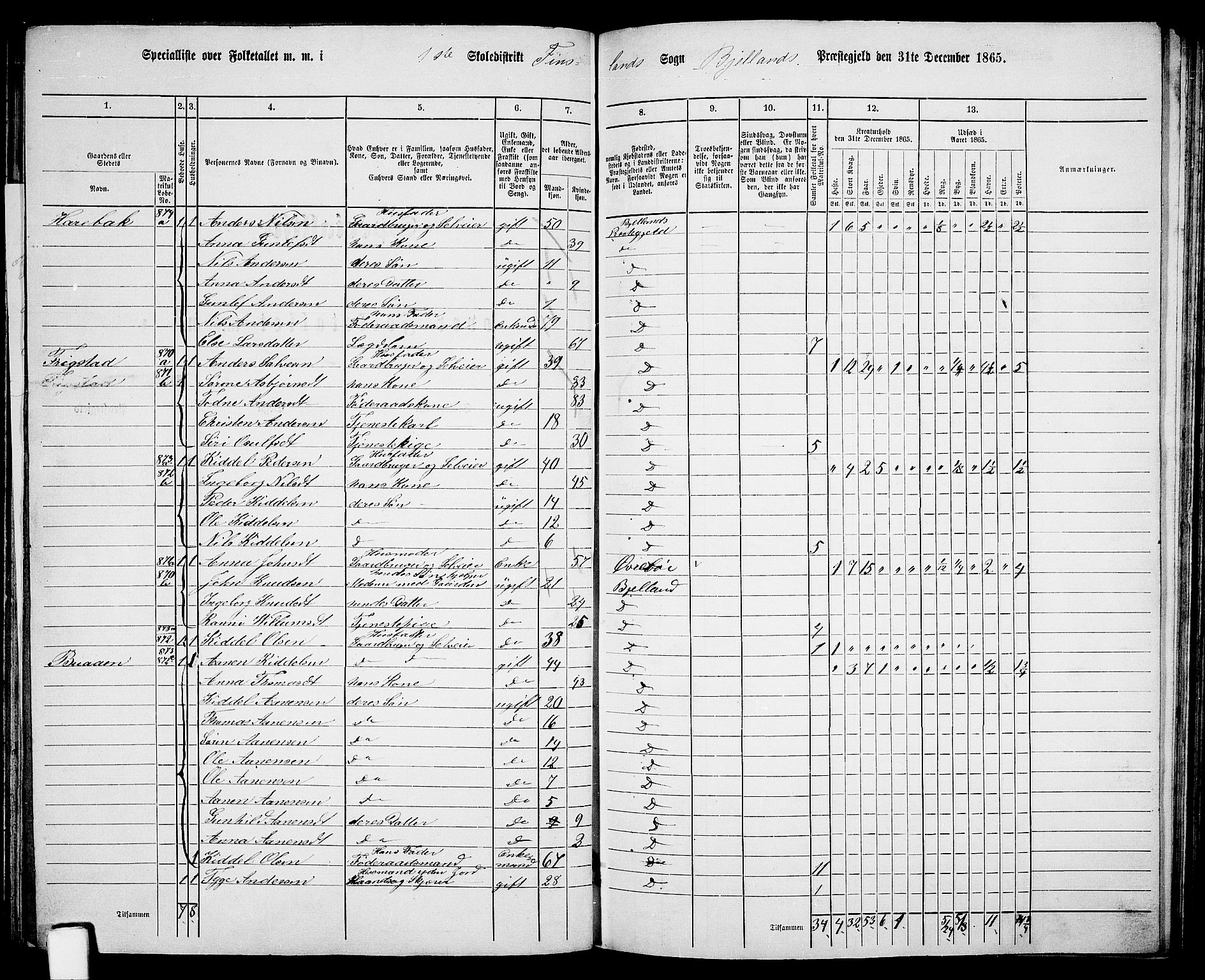 RA, 1865 census for Bjelland, 1865, p. 12