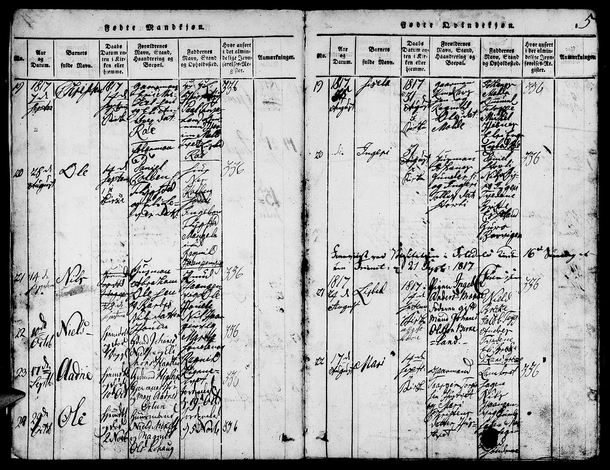 Suldal sokneprestkontor, SAST/A-101845/01/V/L0002: Parish register (copy) no. B 2, 1816-1845, p. 5