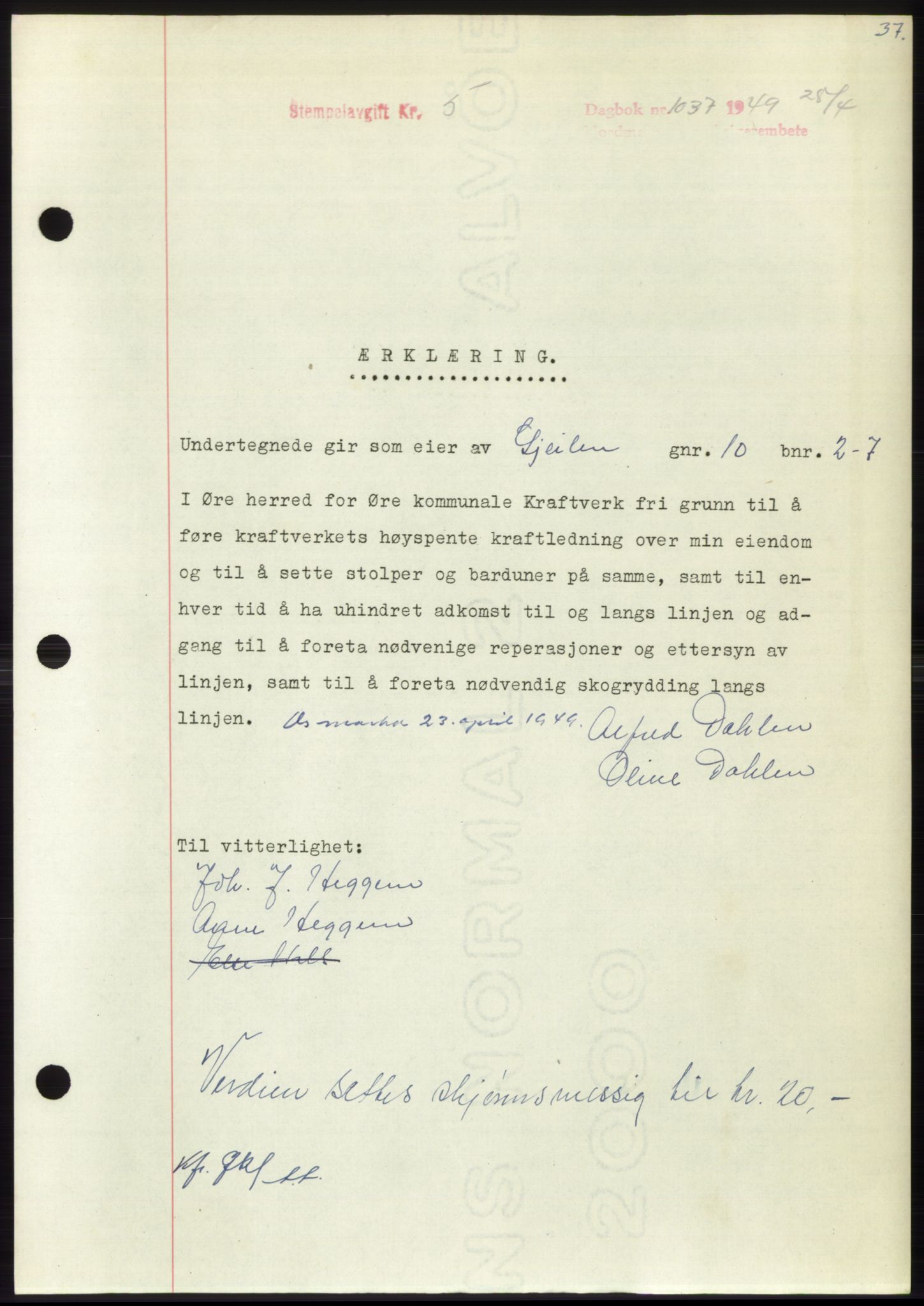 Nordmøre sorenskriveri, SAT/A-4132/1/2/2Ca: Mortgage book no. B101, 1949-1949, Diary no: : 1037/1949