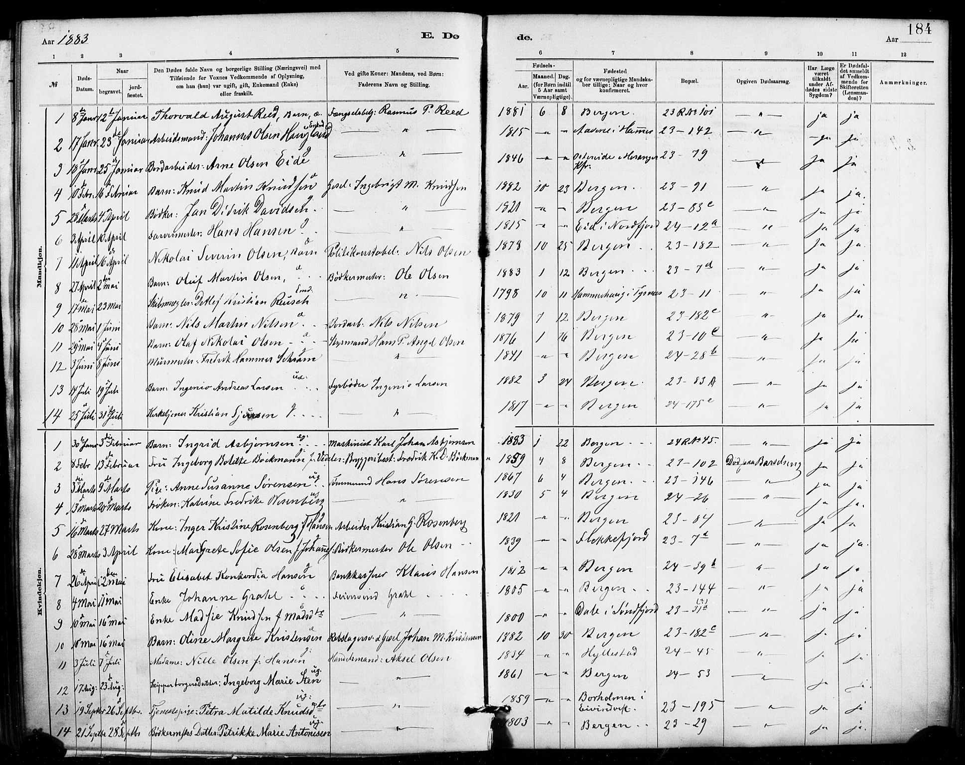 Mariakirken Sokneprestembete, AV/SAB-A-76901/H/Haa/L0007: Parish register (official) no. A 7, 1878-1893, p. 184