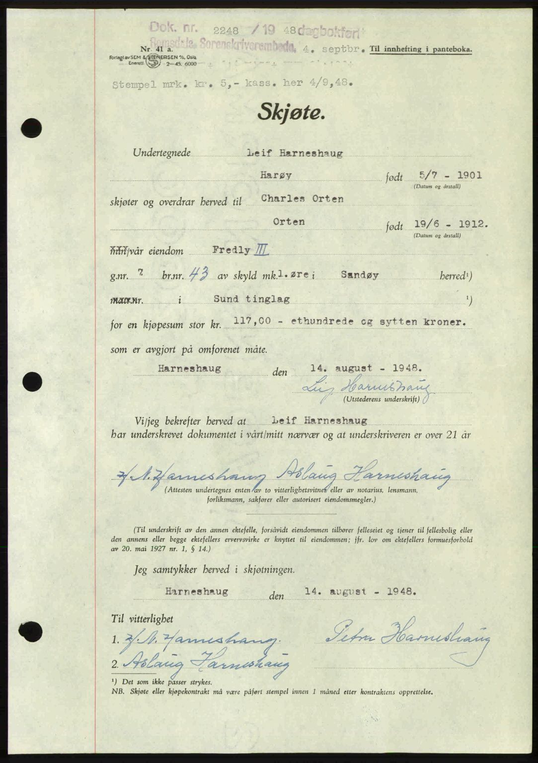 Romsdal sorenskriveri, AV/SAT-A-4149/1/2/2C: Mortgage book no. A27, 1948-1948, Diary no: : 2248/1948