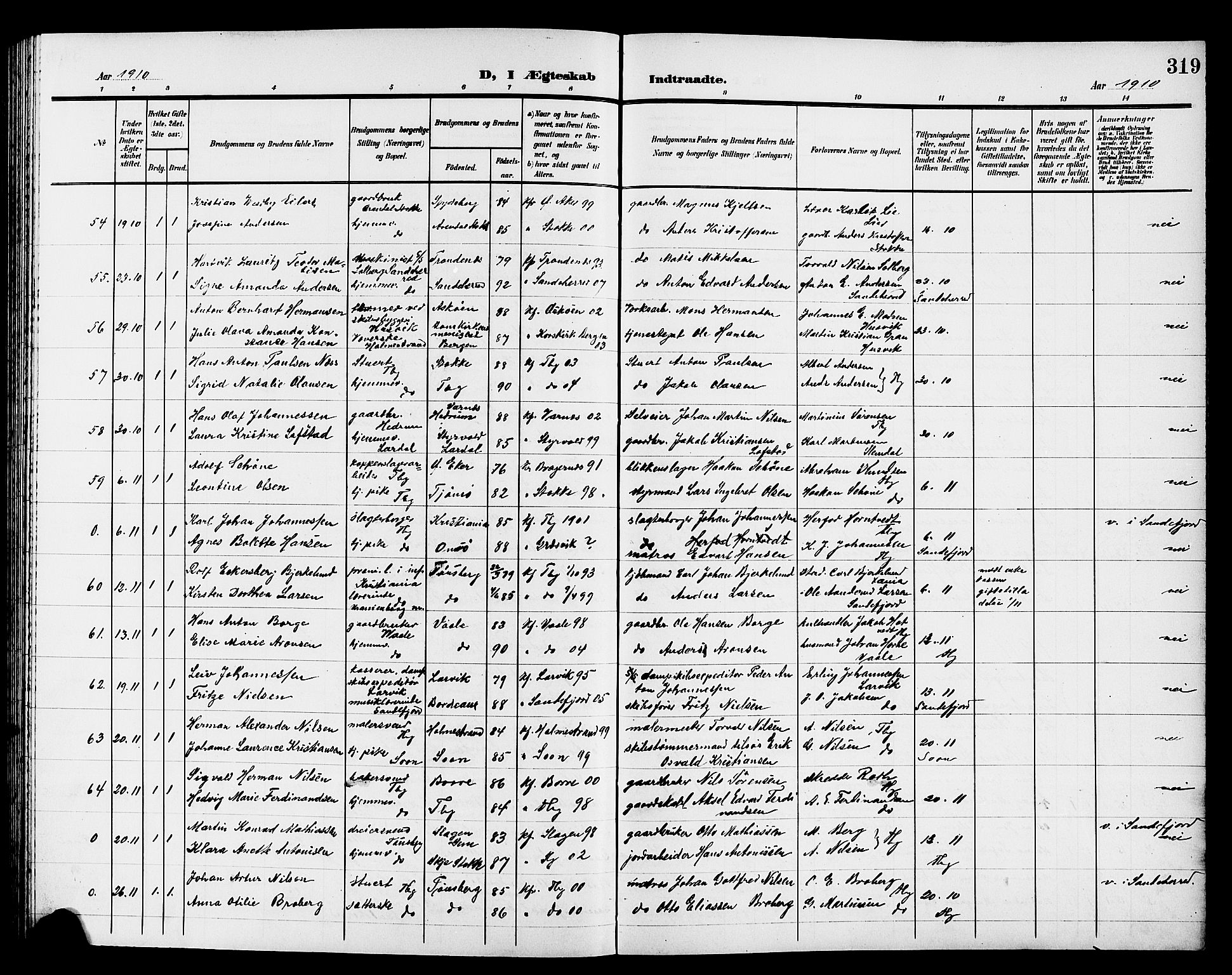 Tønsberg kirkebøker, AV/SAKO-A-330/G/Ga/L0008: Parish register (copy) no. 8, 1905-1912, p. 319