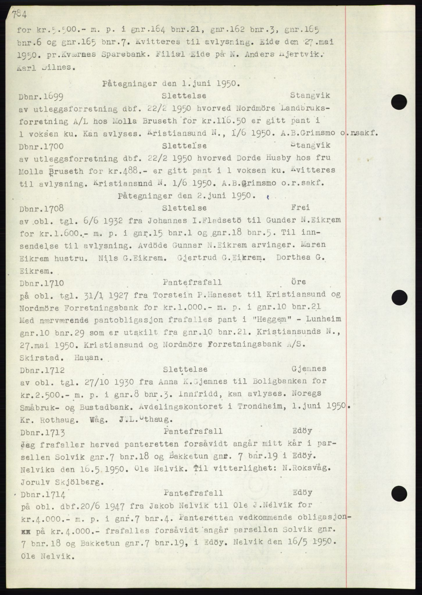 Nordmøre sorenskriveri, SAT/A-4132/1/2/2Ca: Mortgage book no. C82b, 1946-1951, Diary no: : 1699/1950