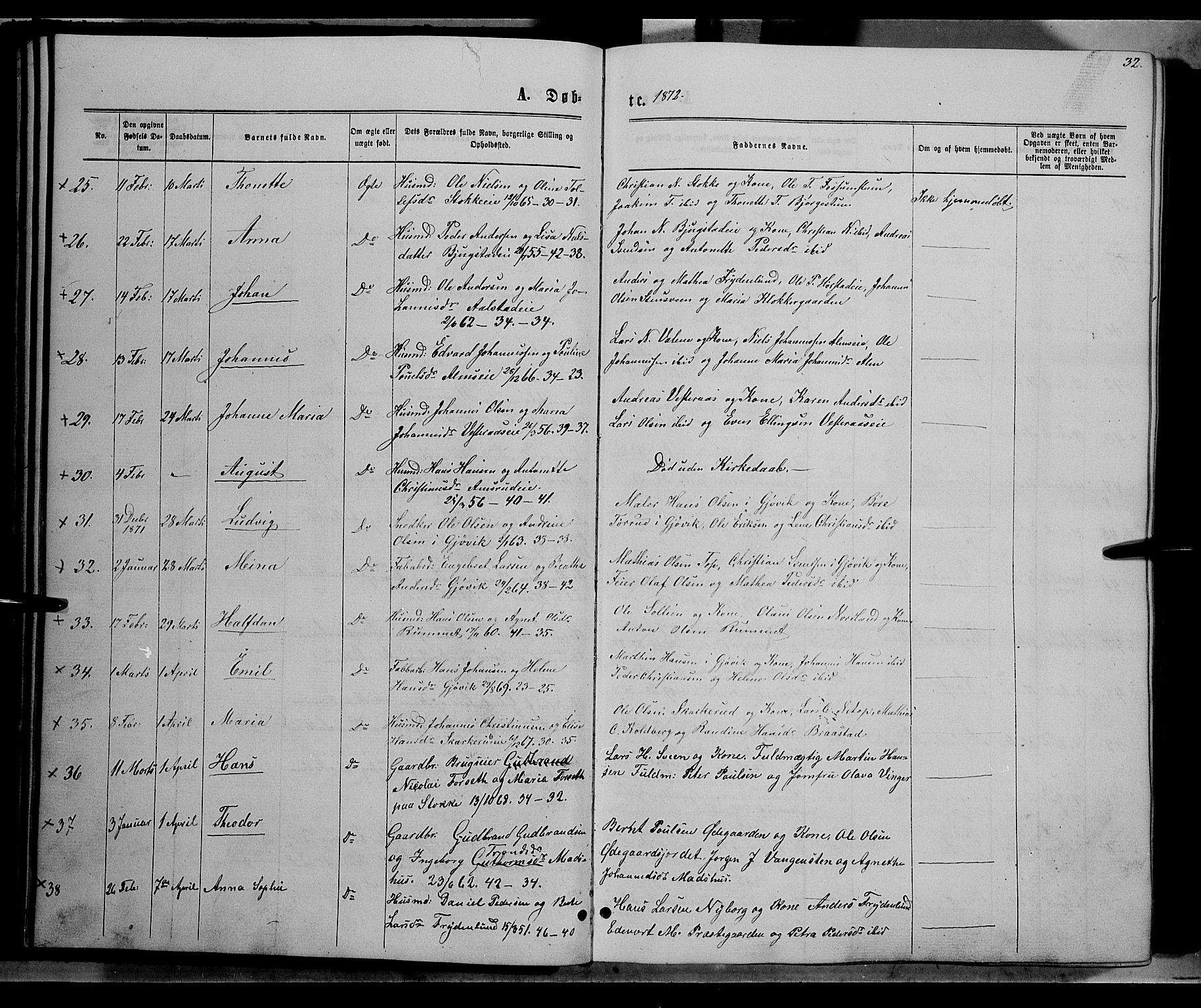 Vardal prestekontor, SAH/PREST-100/H/Ha/Hab/L0006: Parish register (copy) no. 6, 1869-1881, p. 32