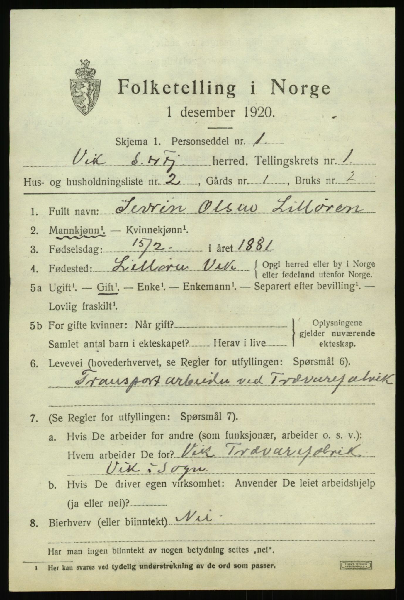 SAB, 1920 census for Vik, 1920, p. 1309