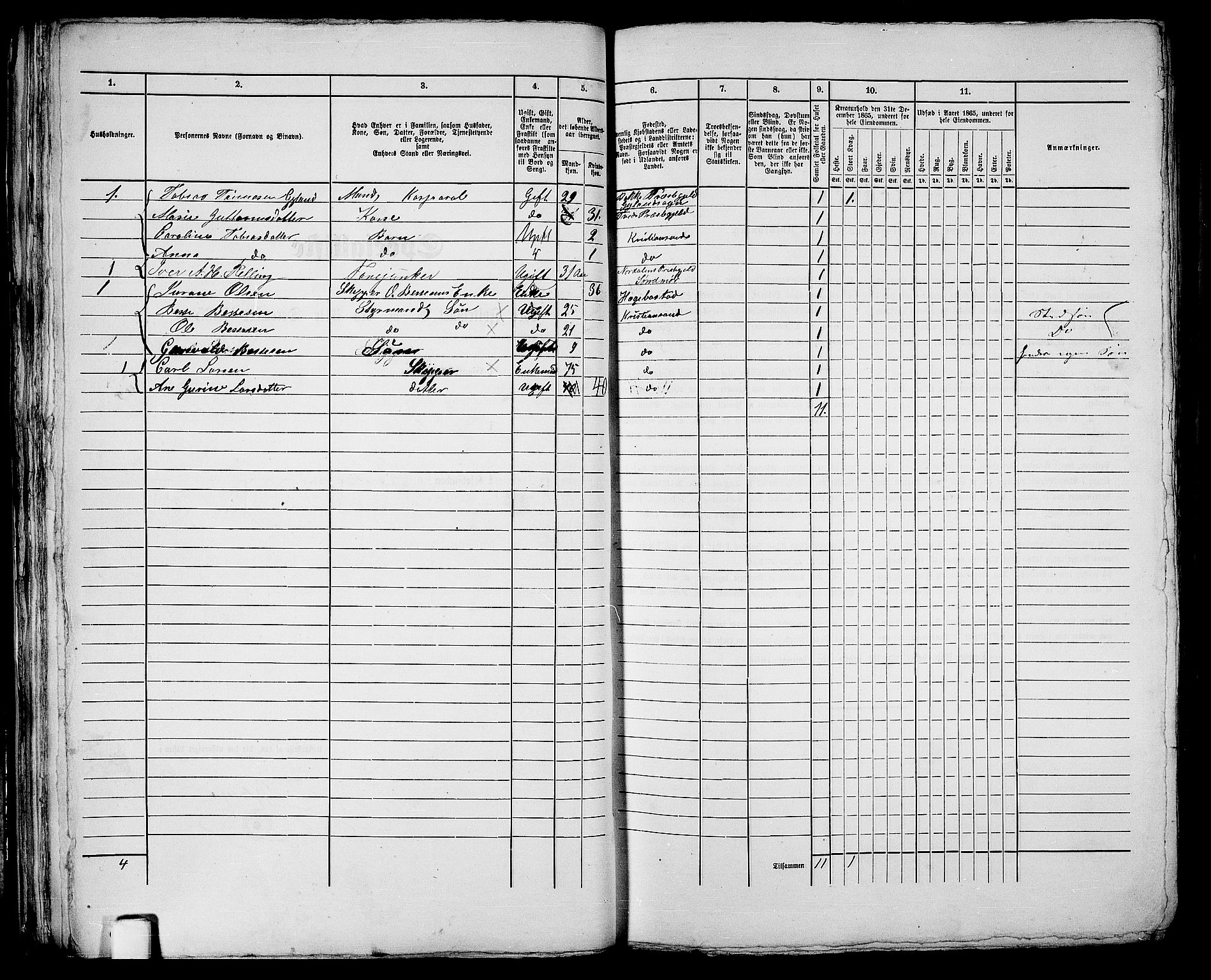 RA, 1865 census for Kristiansand, 1865, p. 57