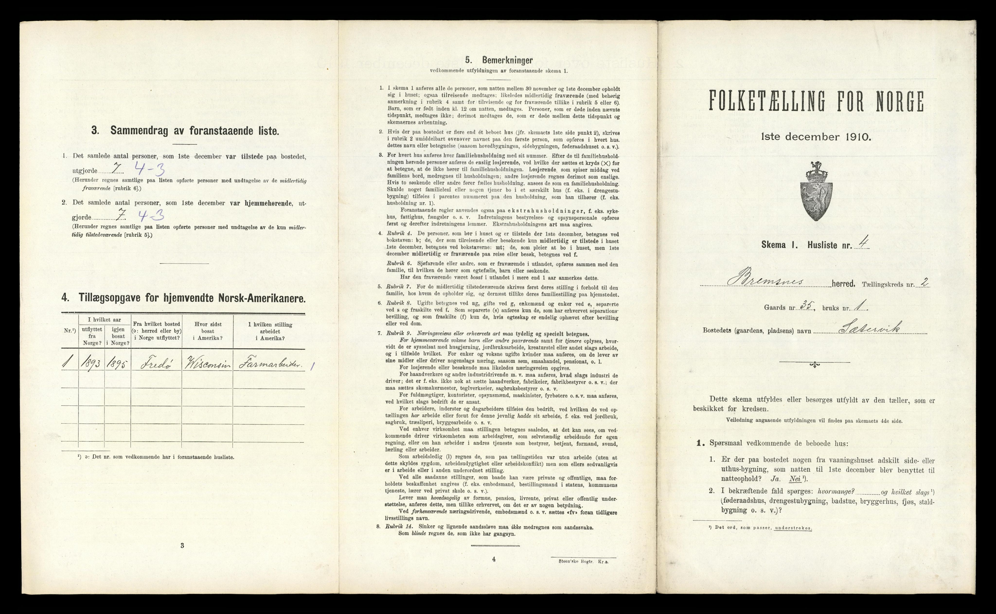 RA, 1910 census for Bremsnes, 1910, p. 244