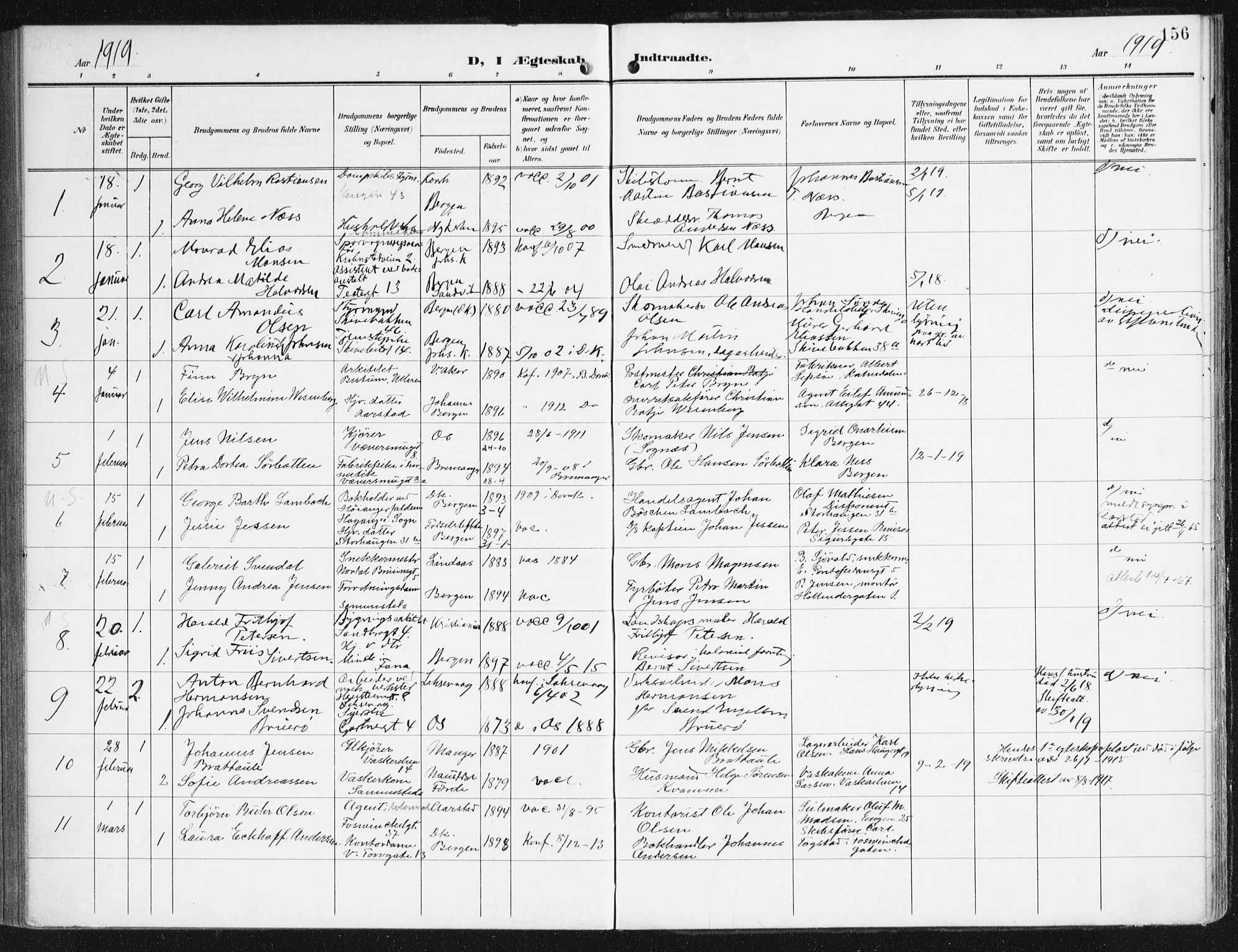 Domkirken sokneprestembete, SAB/A-74801/H/Haa/L0038: Parish register (official) no. D 5, 1906-1921, p. 156