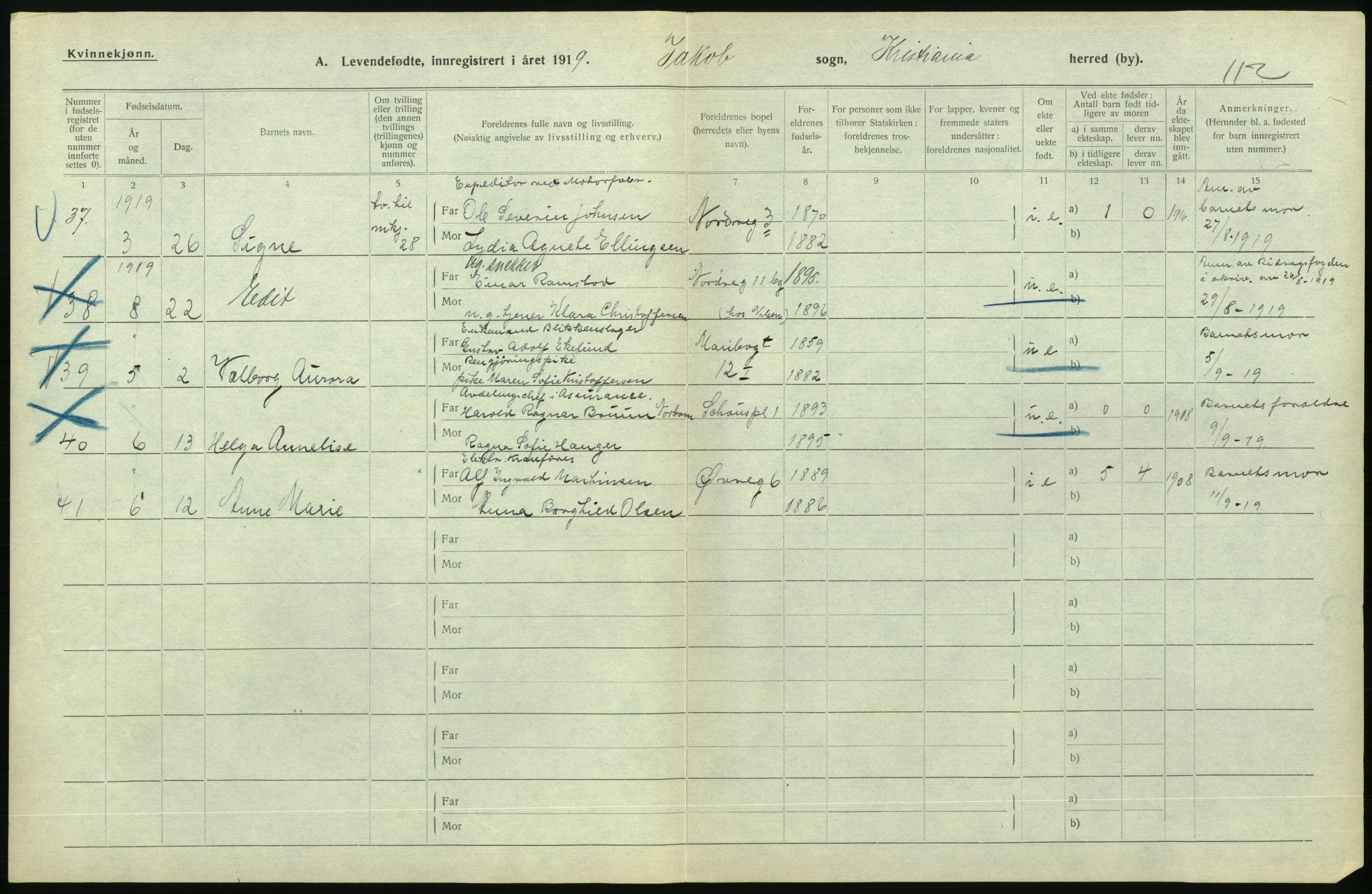 Statistisk sentralbyrå, Sosiodemografiske emner, Befolkning, AV/RA-S-2228/D/Df/Dfb/Dfbi/L0008: Kristiania: Levendefødte menn og kvinner., 1919