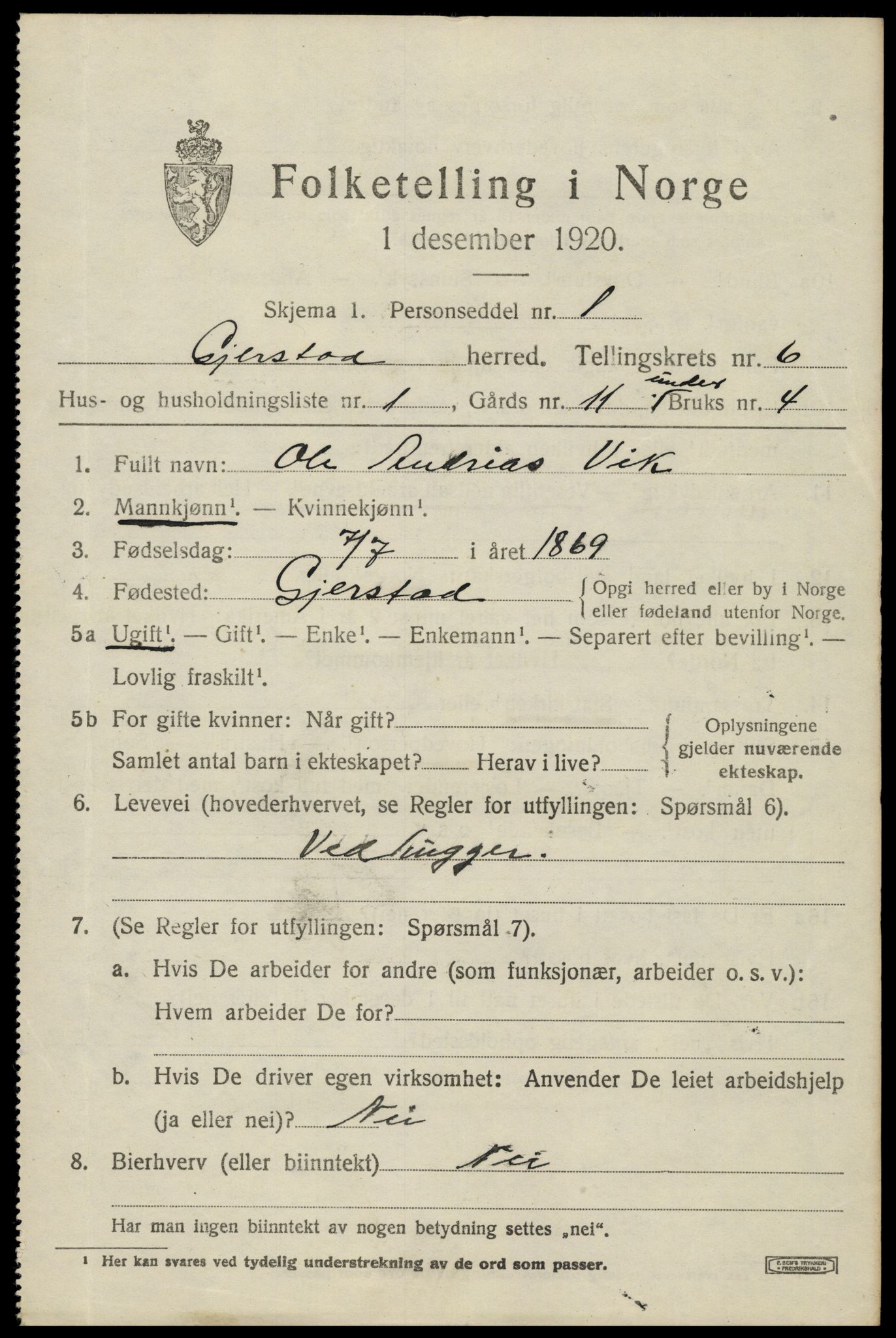 SAK, 1920 census for Gjerstad, 1920, p. 3819