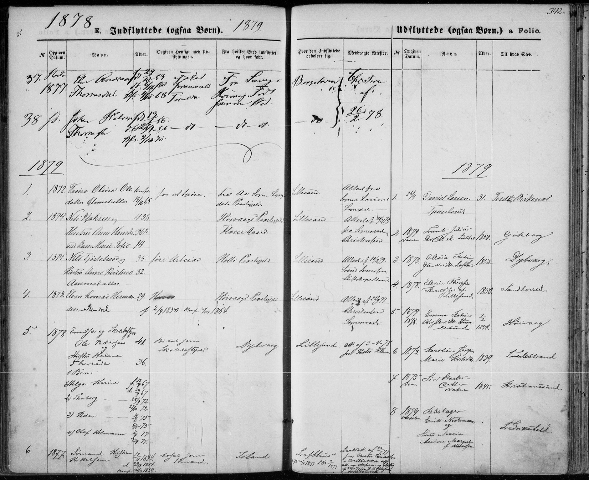 Vestre Moland sokneprestkontor, SAK/1111-0046/F/Fa/Fab/L0008: Parish register (official) no. A 8, 1873-1883, p. 342