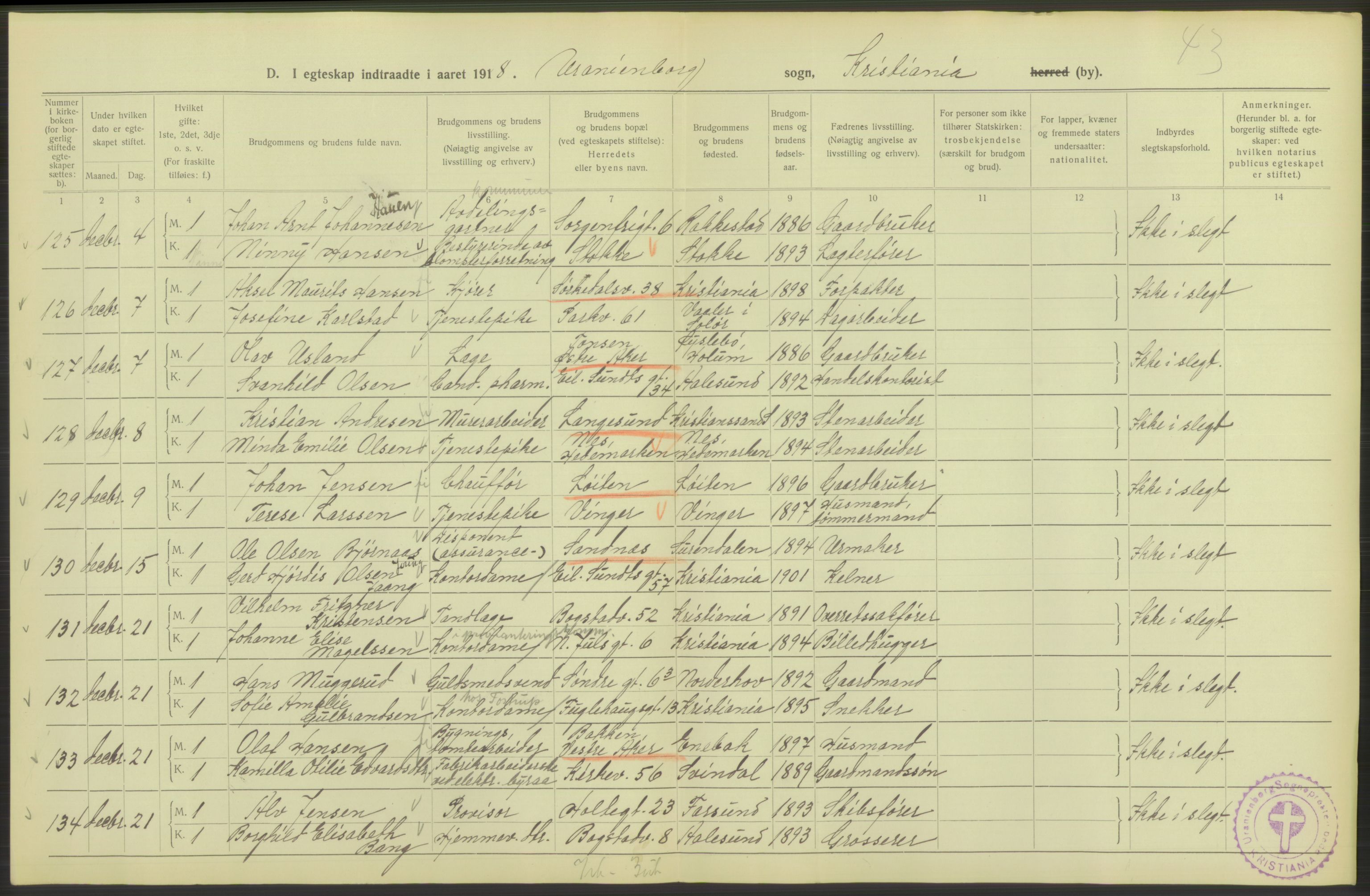 Statistisk sentralbyrå, Sosiodemografiske emner, Befolkning, AV/RA-S-2228/D/Df/Dfb/Dfbh/L0009: Kristiania: Gifte, 1918, p. 36