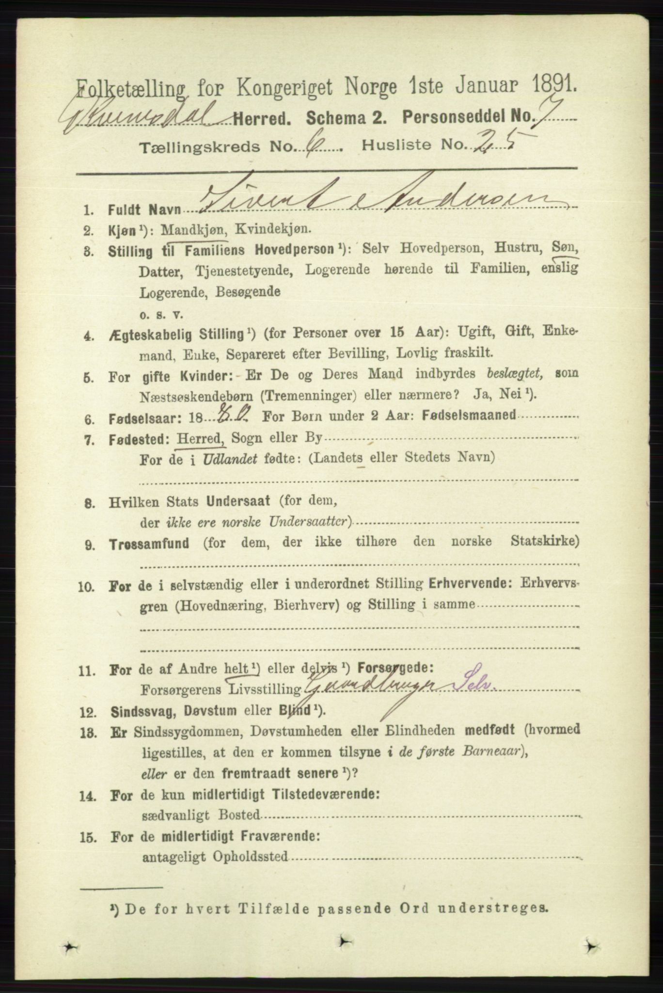 RA, 1891 census for 1037 Kvinesdal, 1891, p. 2246