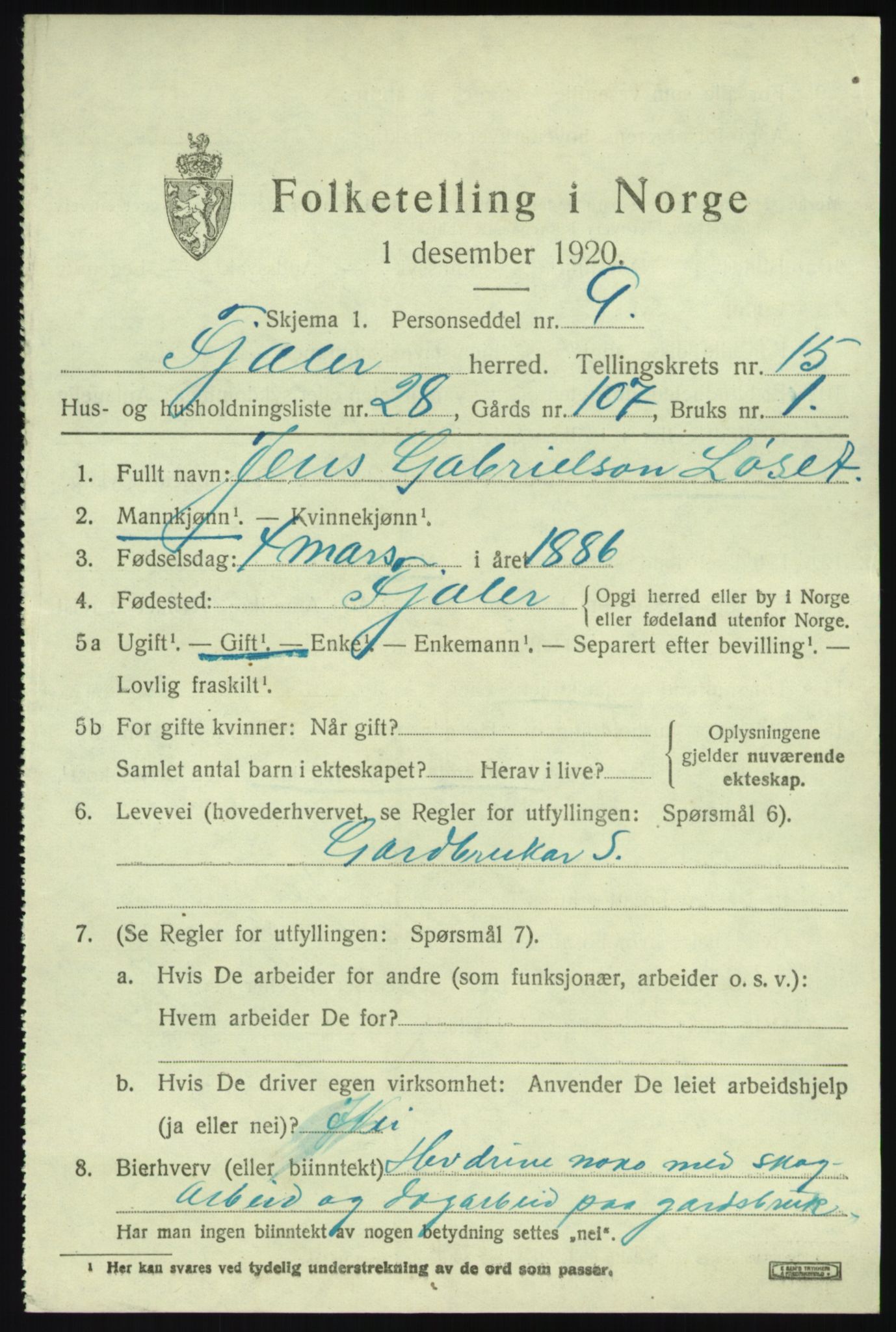 SAB, 1920 census for Fjaler, 1920, p. 8385