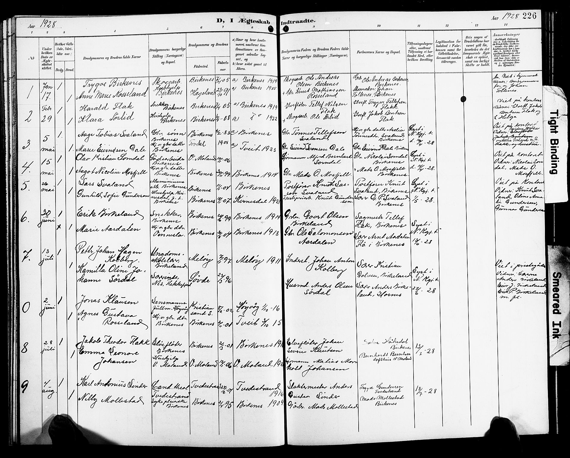 Birkenes sokneprestkontor, SAK/1111-0004/F/Fb/L0004: Parish register (copy) no. B 4, 1893-1930, p. 226