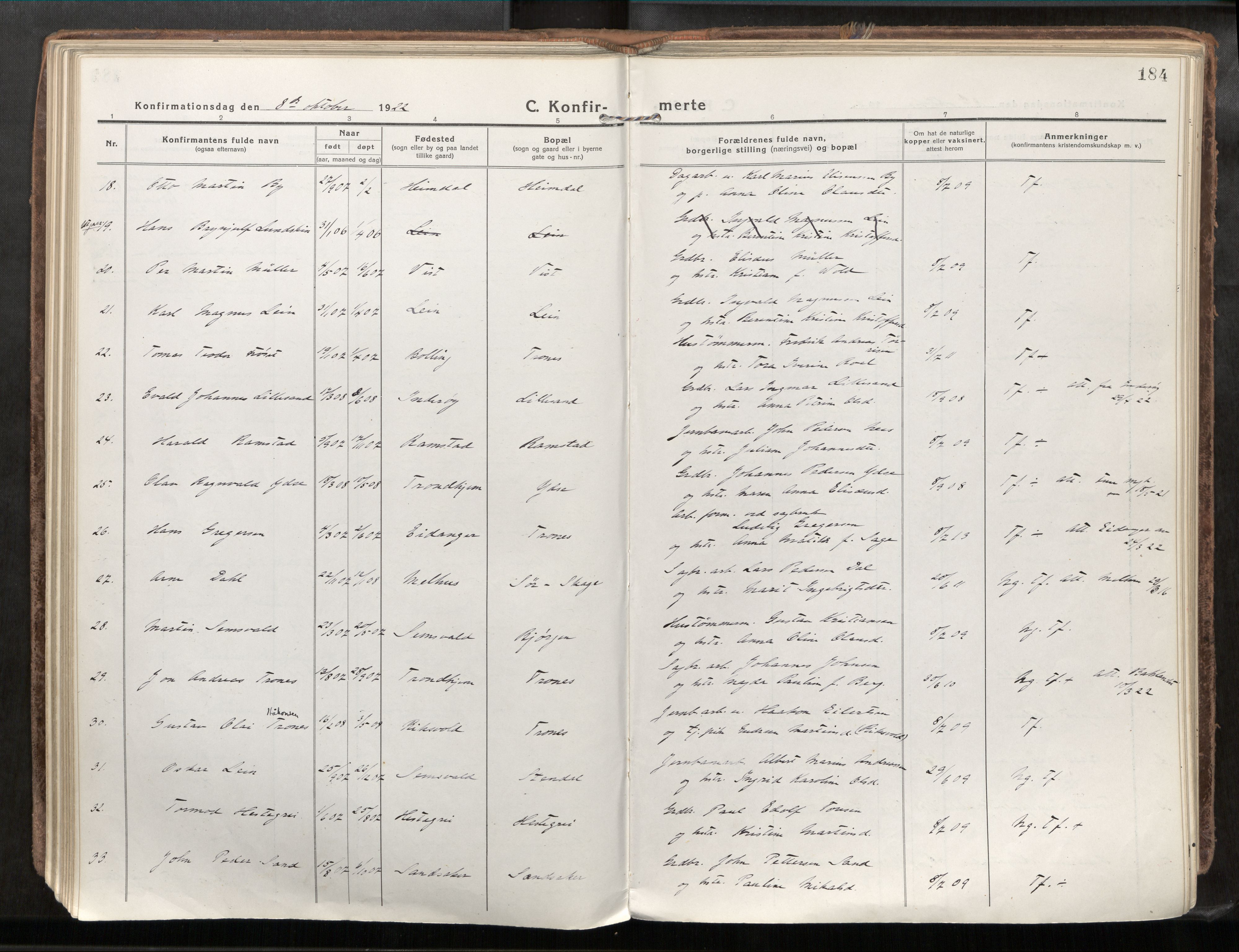Verdal sokneprestkontor, SAT/A-1156/2/H/Haa/L0001: Parish register (official) no. 1, 1917-1932, p. 184