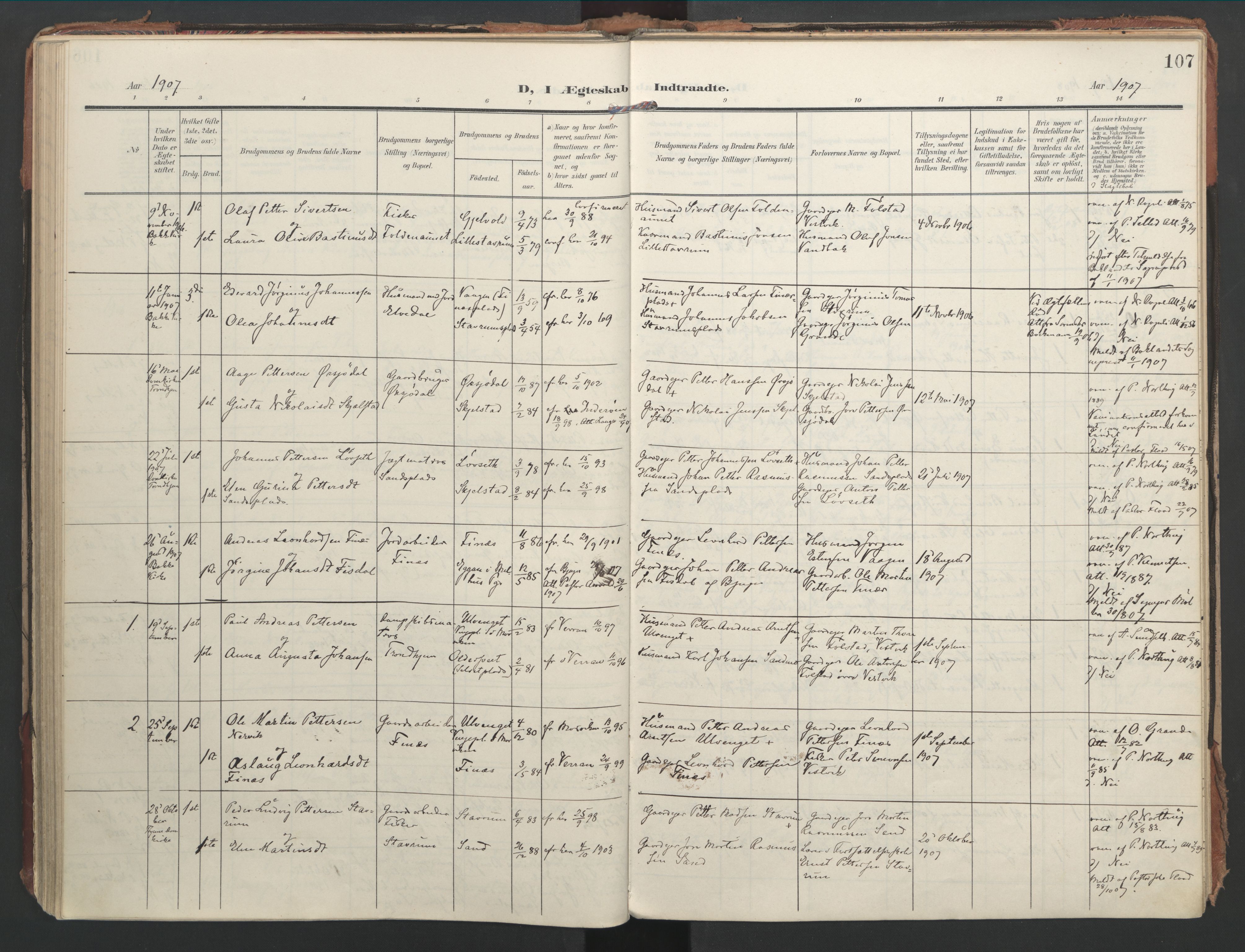 Ministerialprotokoller, klokkerbøker og fødselsregistre - Nord-Trøndelag, AV/SAT-A-1458/744/L0421: Parish register (official) no. 744A05, 1905-1930, p. 107