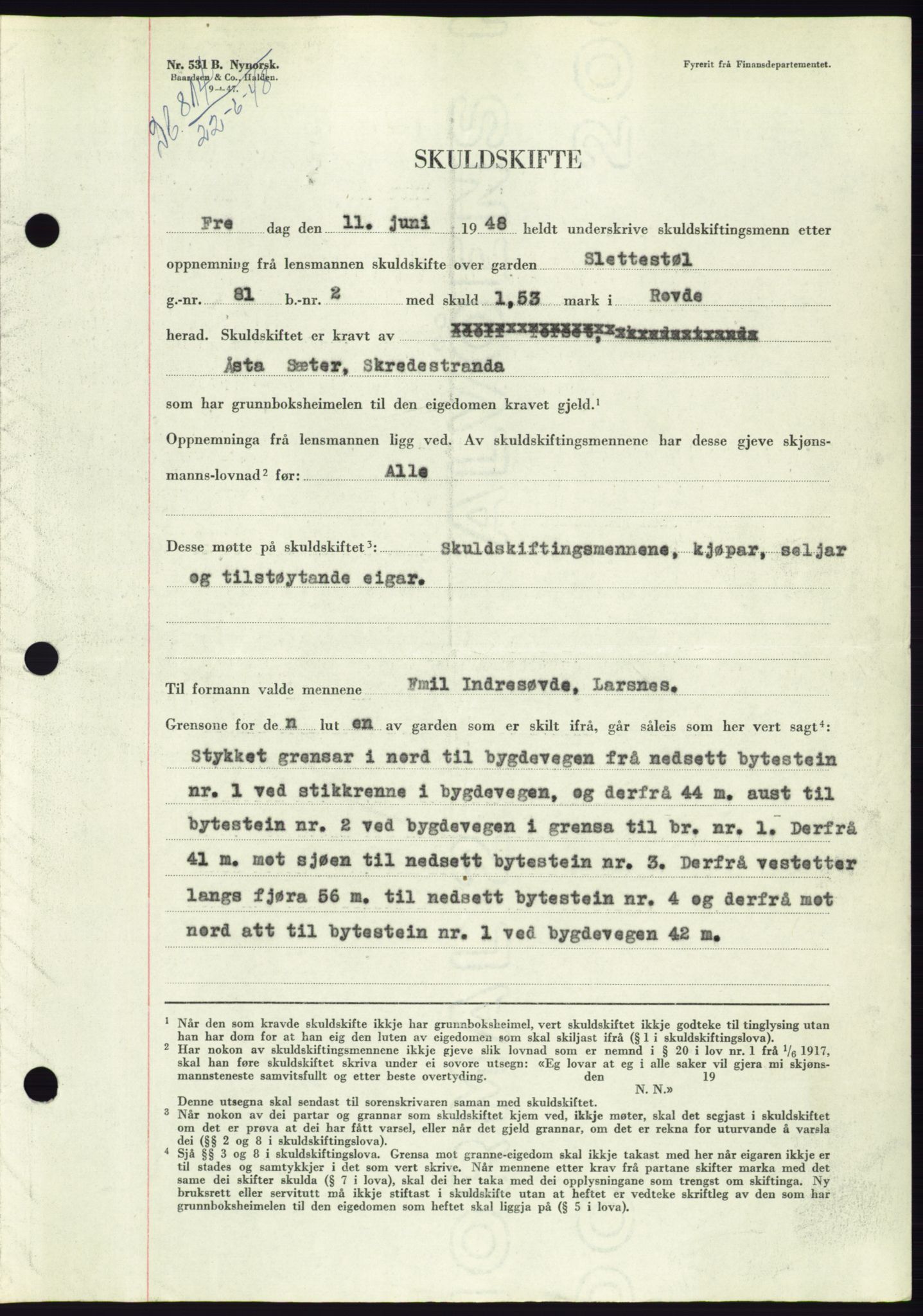 Søre Sunnmøre sorenskriveri, AV/SAT-A-4122/1/2/2C/L0082: Mortgage book no. 8A, 1948-1948, Diary no: : 814/1948