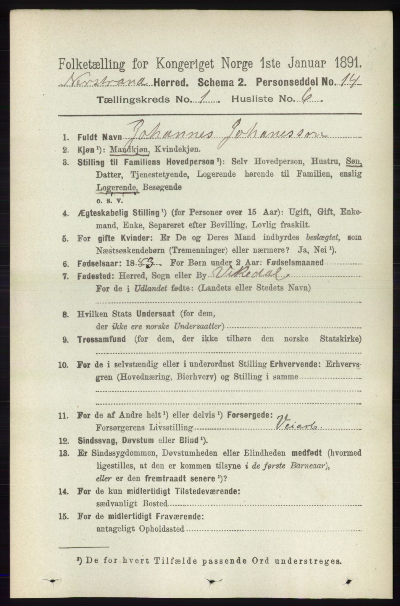 RA, 1891 census for 1139 Nedstrand, 1891, p. 109