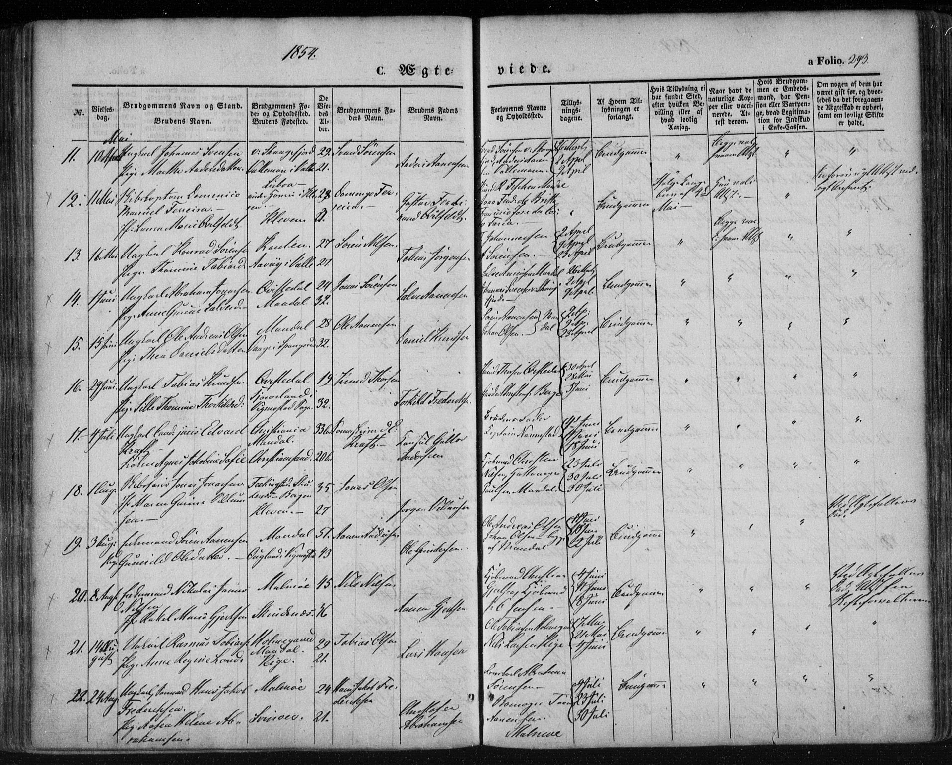 Mandal sokneprestkontor, AV/SAK-1111-0030/F/Fa/Faa/L0013: Parish register (official) no. A 13, 1847-1859, p. 293