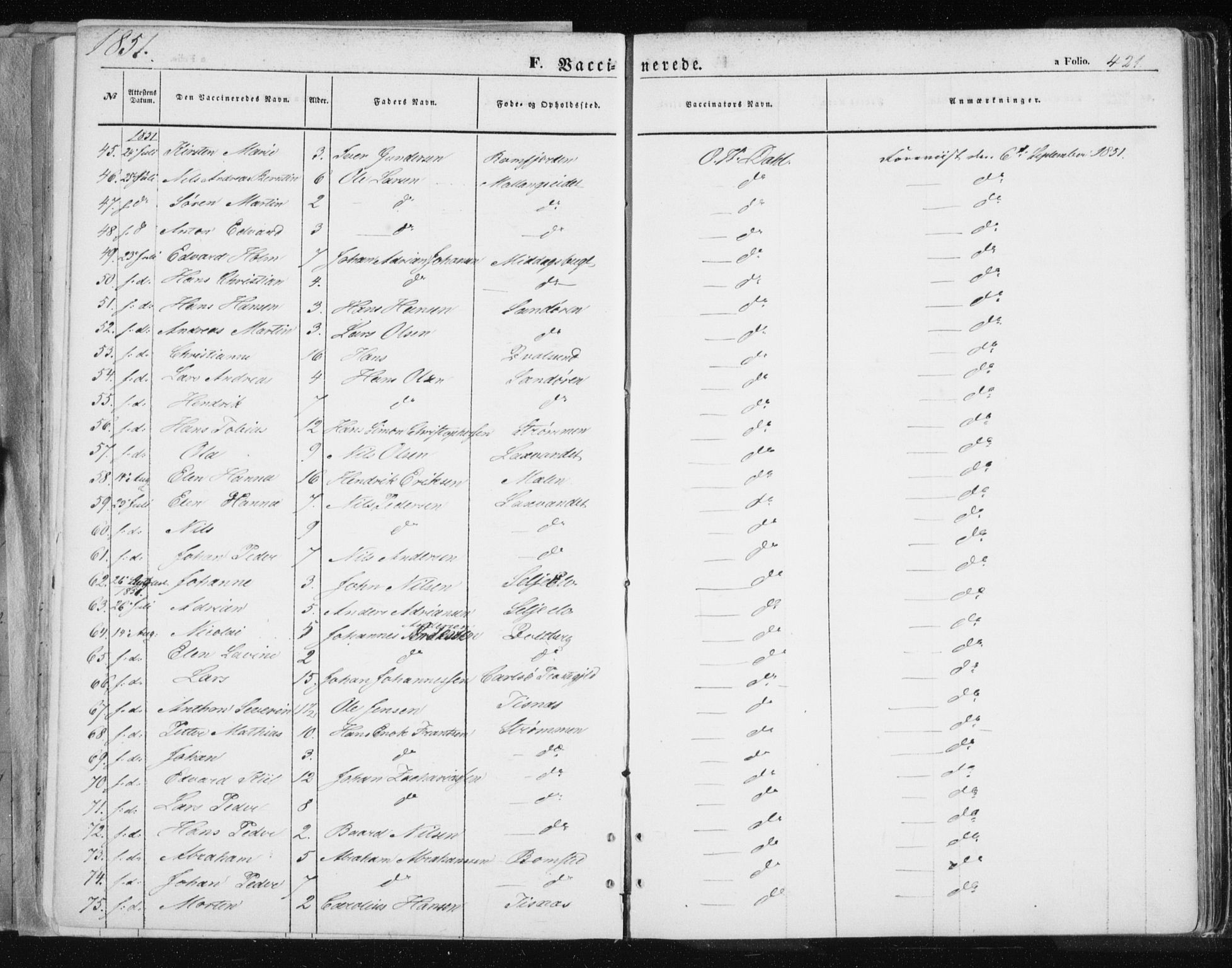 Tromsø sokneprestkontor/stiftsprosti/domprosti, AV/SATØ-S-1343/G/Ga/L0010kirke: Parish register (official) no. 10, 1848-1855, p. 421