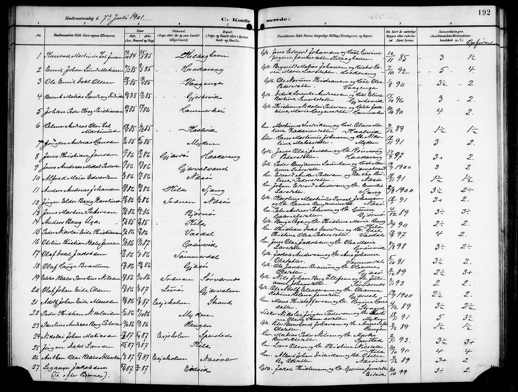 Ministerialprotokoller, klokkerbøker og fødselsregistre - Nordland, AV/SAT-A-1459/841/L0621: Parish register (copy) no. 841C05, 1897-1923, p. 192