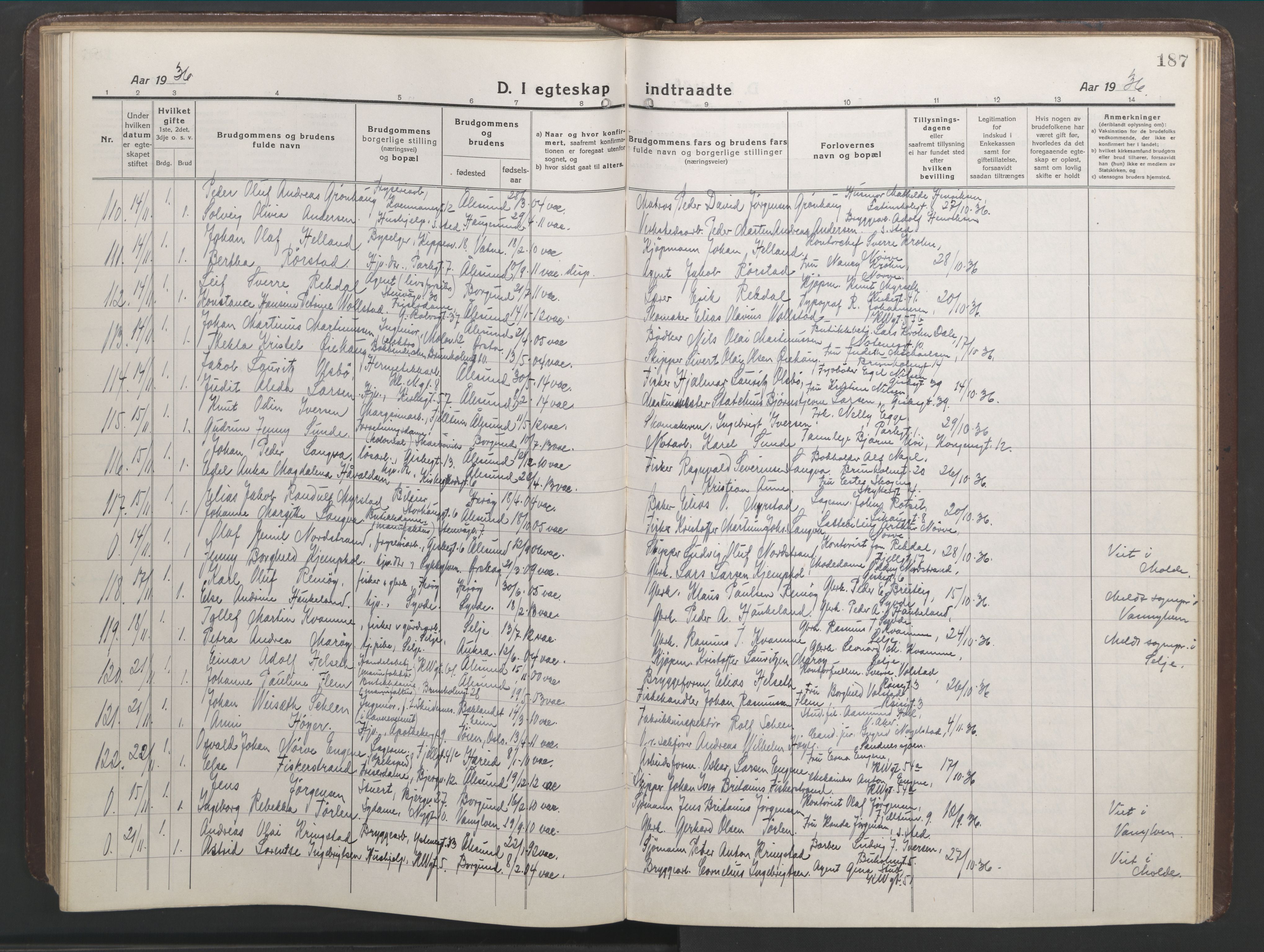 Ministerialprotokoller, klokkerbøker og fødselsregistre - Møre og Romsdal, AV/SAT-A-1454/529/L0473: Parish register (copy) no. 529C10, 1918-1941, p. 187