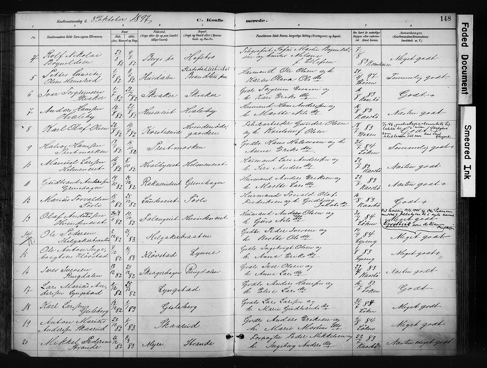 Gran prestekontor, SAH/PREST-112/H/Ha/Haa/L0017: Parish register (official) no. 17, 1889-1897, p. 148
