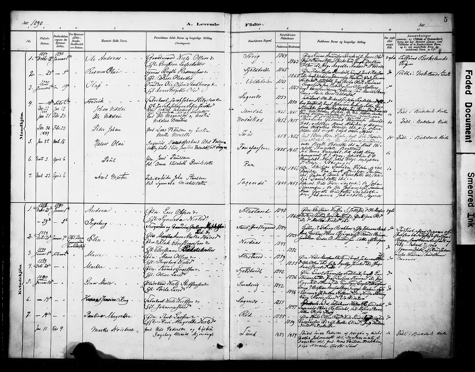 Fana Sokneprestembete, SAB/A-75101/H/Haa/Haab/L0002: Parish register (official) no. B 2, 1890-1897, p. 5