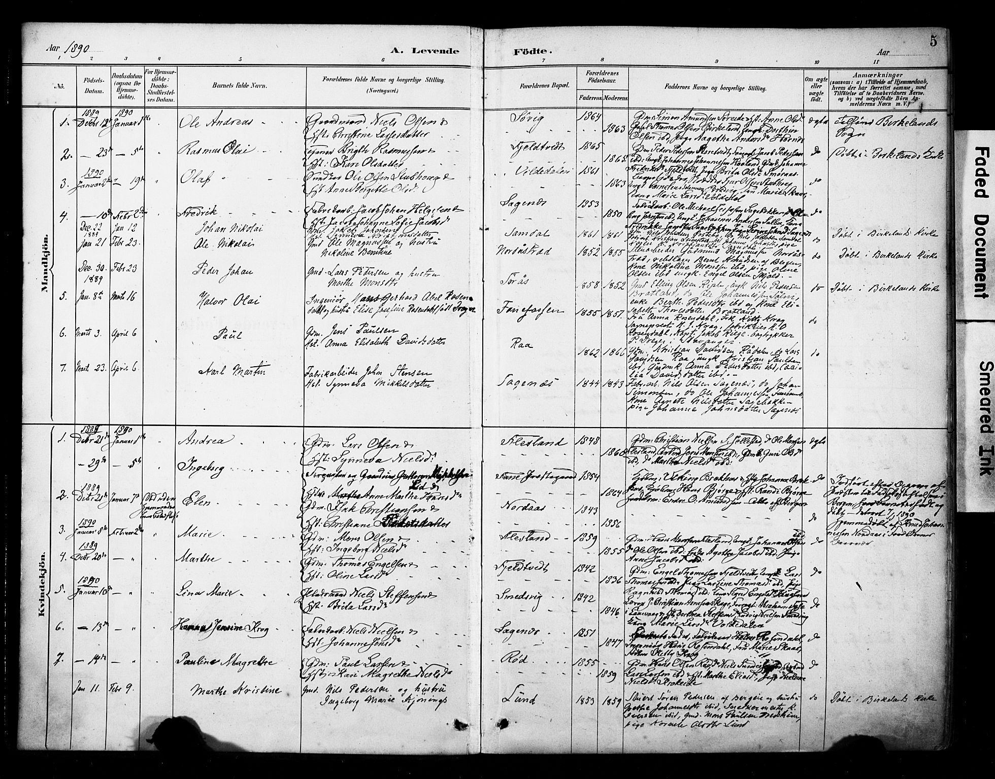 Fana Sokneprestembete, AV/SAB-A-75101/H/Haa/Haab/L0002: Parish register (official) no. B 2, 1890-1897, p. 5