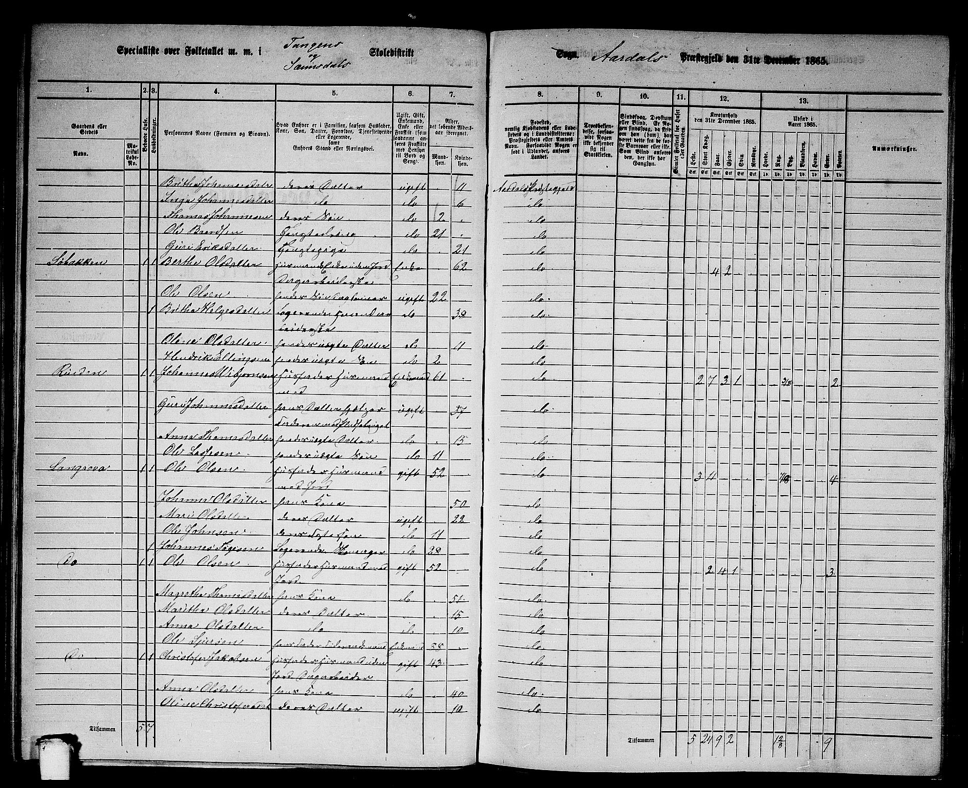 RA, 1865 census for Årdal, 1865, p. 52