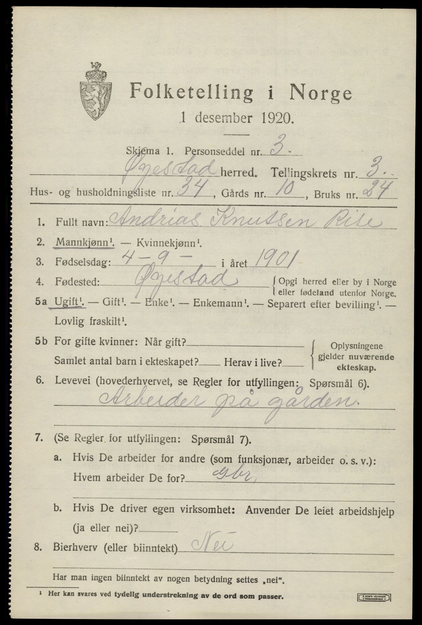 SAK, 1920 census for Øyestad, 1920, p. 3034