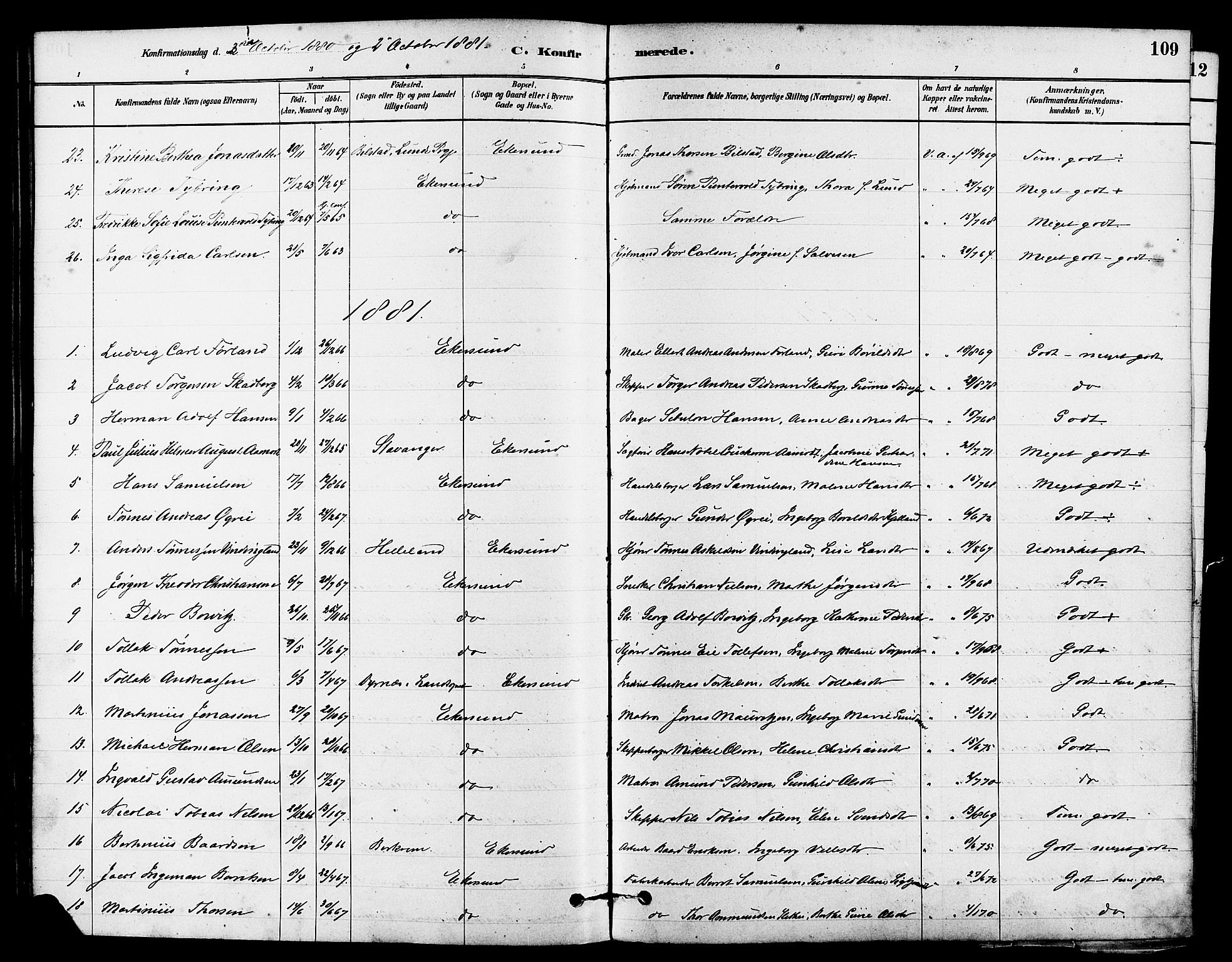 Eigersund sokneprestkontor, SAST/A-101807/S08/L0015: Parish register (official) no. A 15, 1879-1892, p. 109