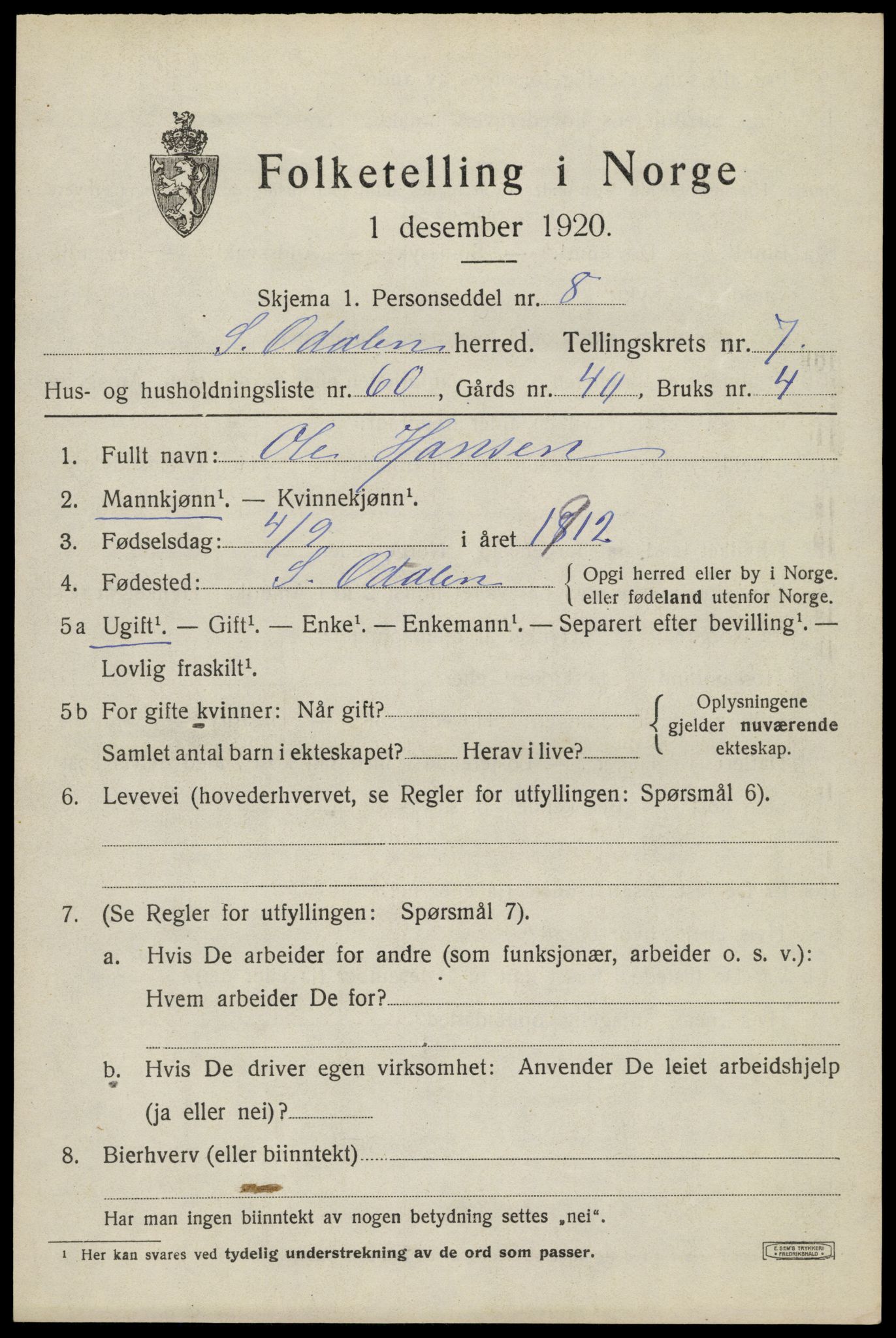 SAH, 1920 census for Sør-Odal, 1920, p. 9271