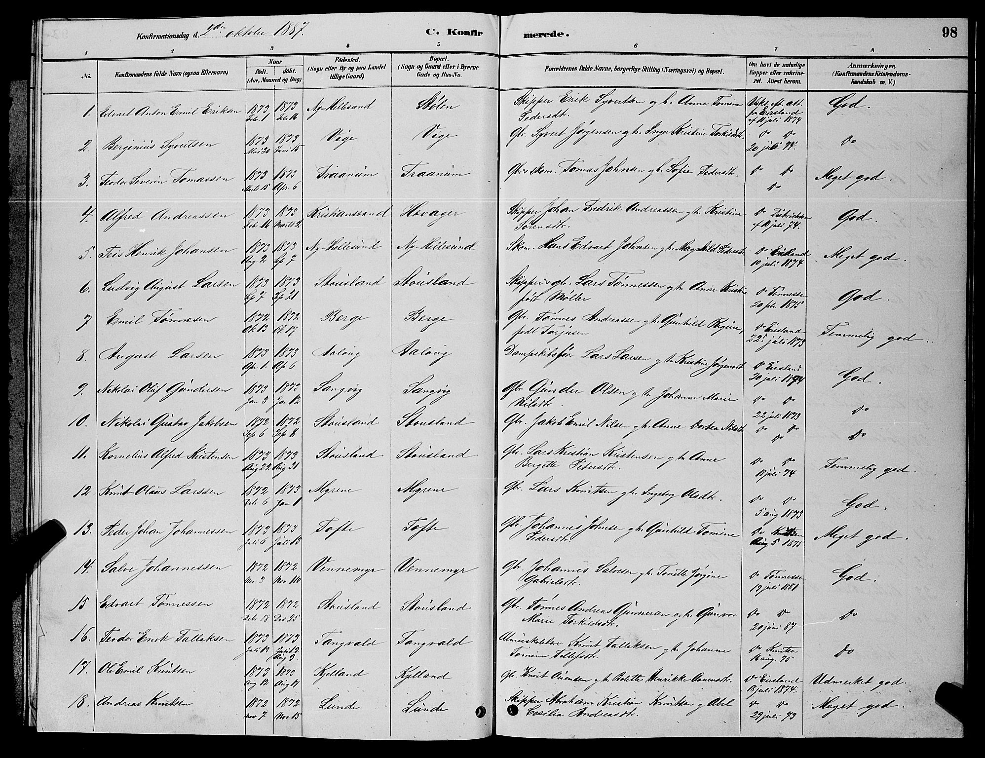 Søgne sokneprestkontor, SAK/1111-0037/F/Fb/Fbb/L0005: Parish register (copy) no. B 5, 1884-1891, p. 98