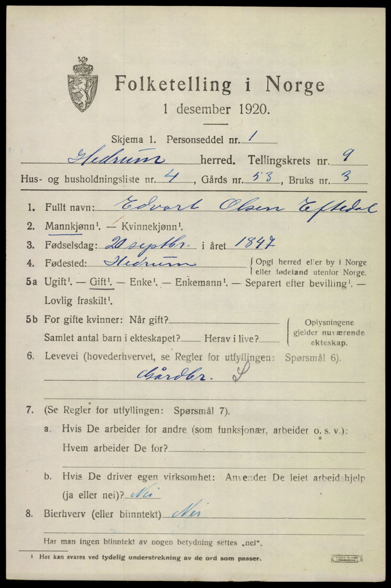 SAKO, 1920 census for Hedrum, 1920, p. 6833