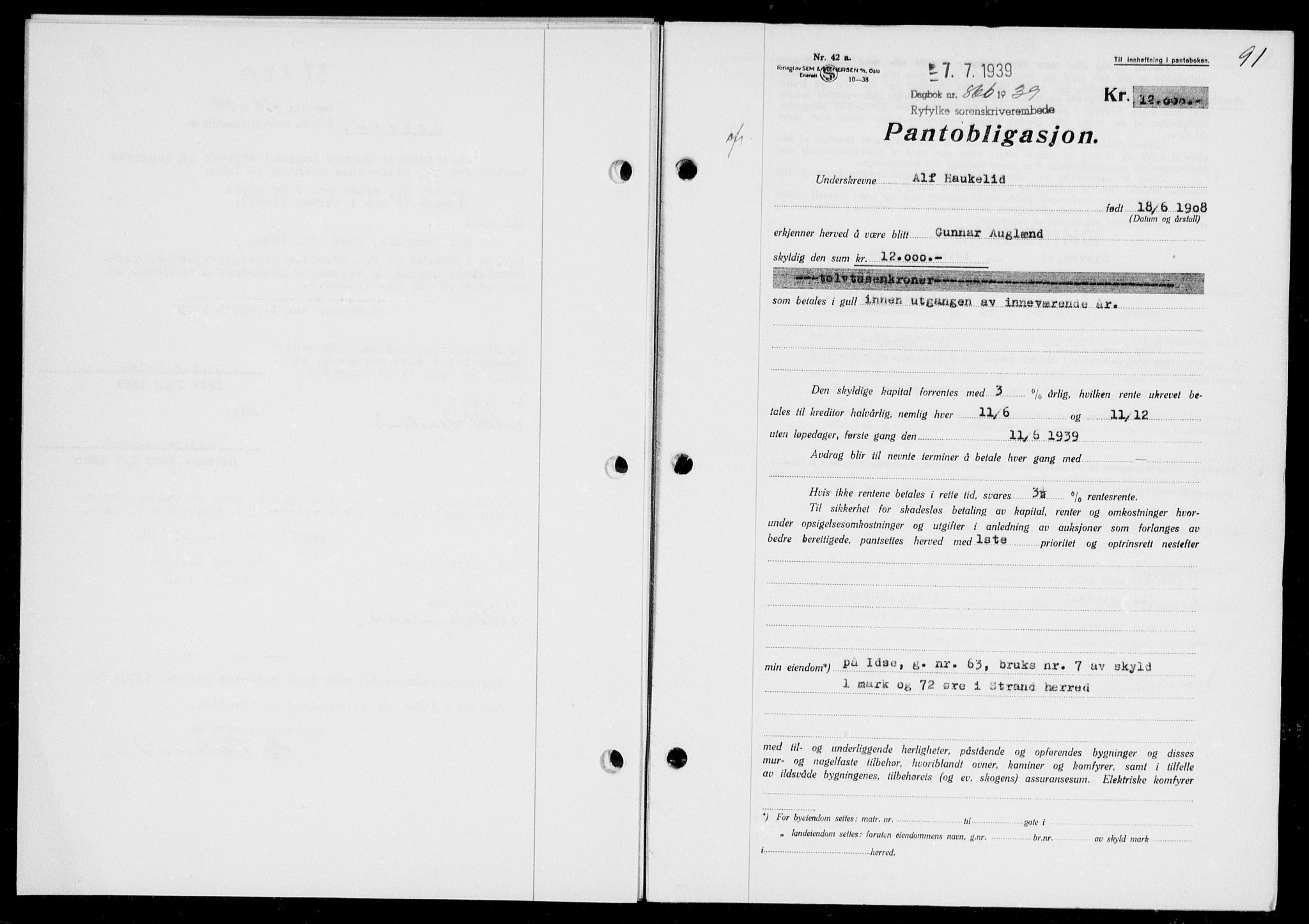 Ryfylke tingrett, SAST/A-100055/001/II/IIB/L0080: Mortgage book no. 59, 1939-1939, Diary no: : 866/1939