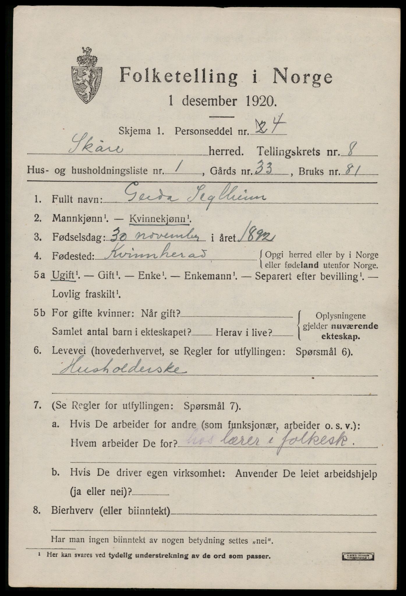 SAST, 1920 census for Skåre, 1920, p. 5722