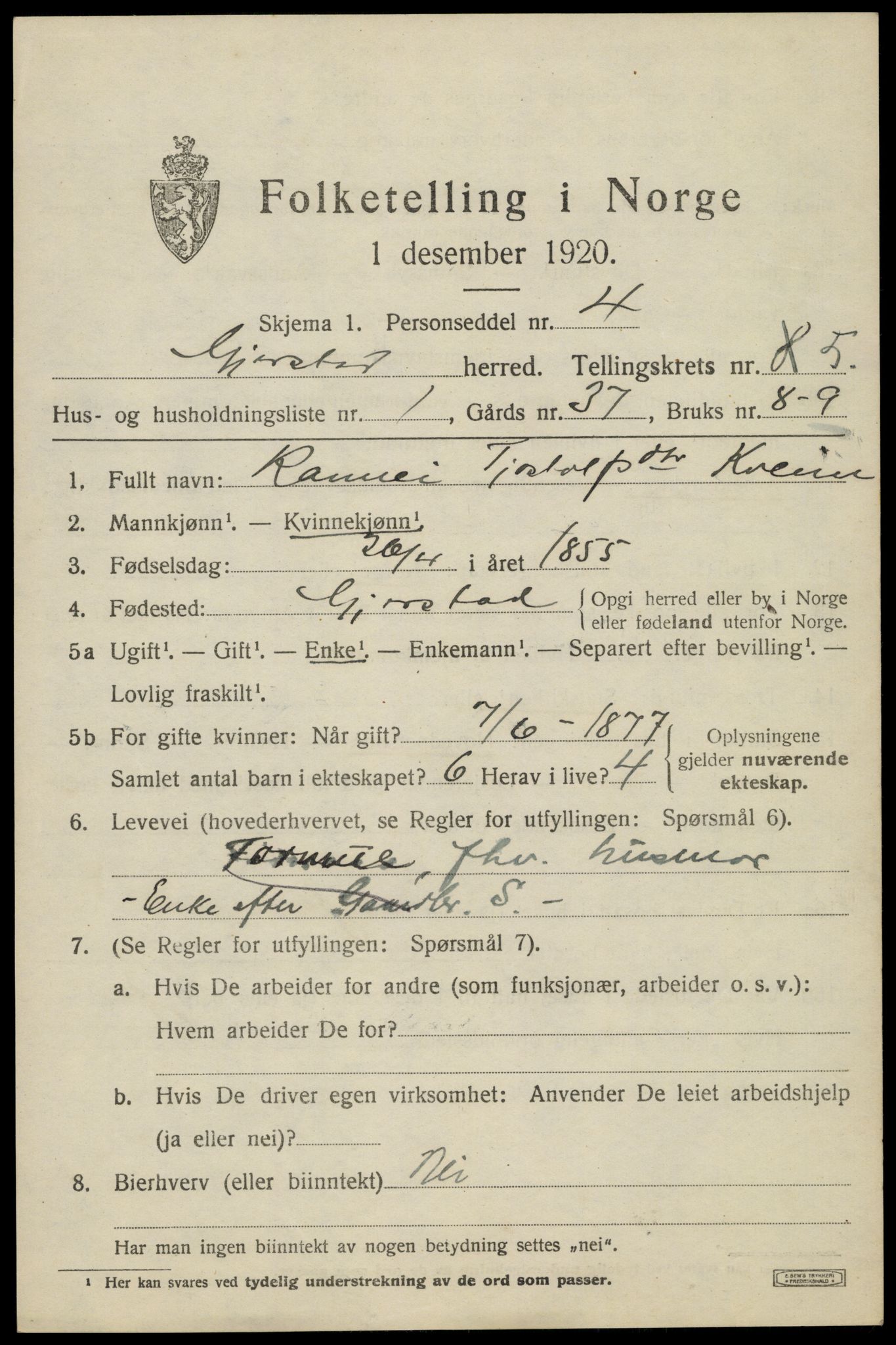 SAK, 1920 census for Gjerstad, 1920, p. 3267