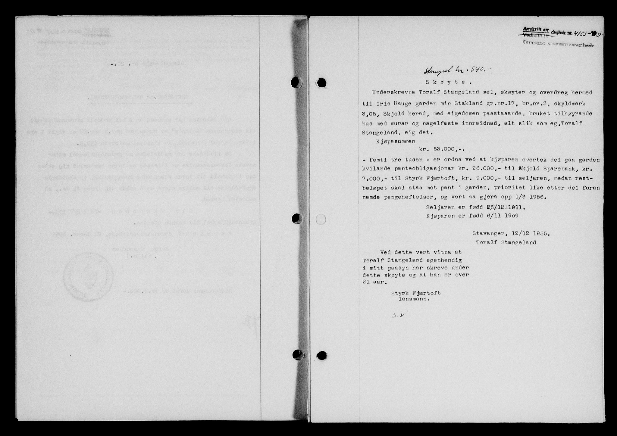 Karmsund sorenskriveri, SAST/A-100311/01/II/IIB/L0118: Mortgage book no. 98A, 1955-1956, Diary no: : 4153/1955