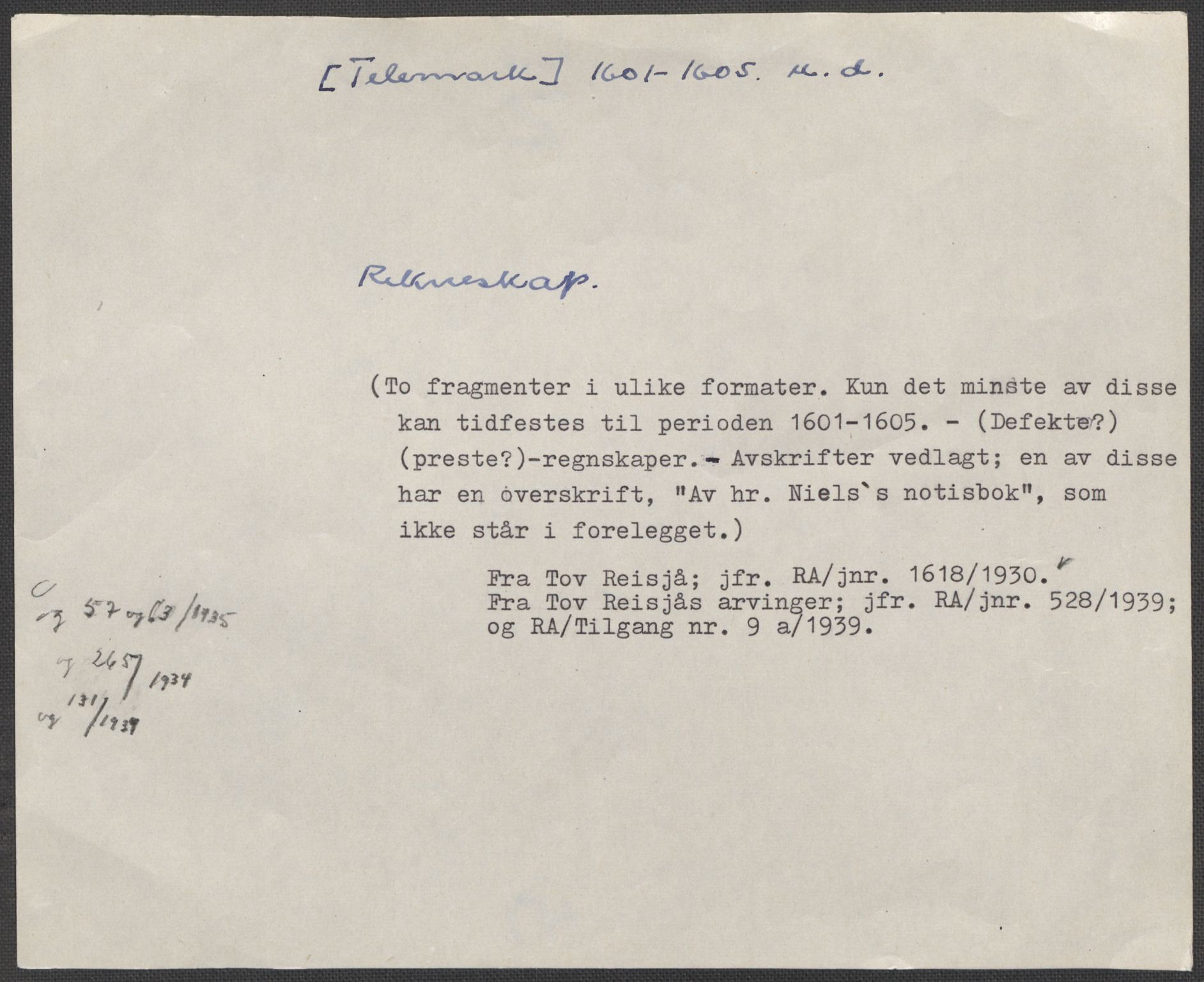 Riksarkivets diplomsamling, AV/RA-EA-5965/F15/L0029: Prestearkiv - Telemark, 1601-1793, p. 4