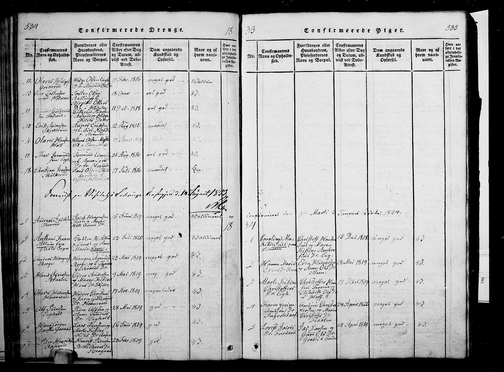 Skoger kirkebøker, SAKO/A-59/G/Ga/L0001: Parish register (copy) no. I 1, 1814-1845, p. 534-535