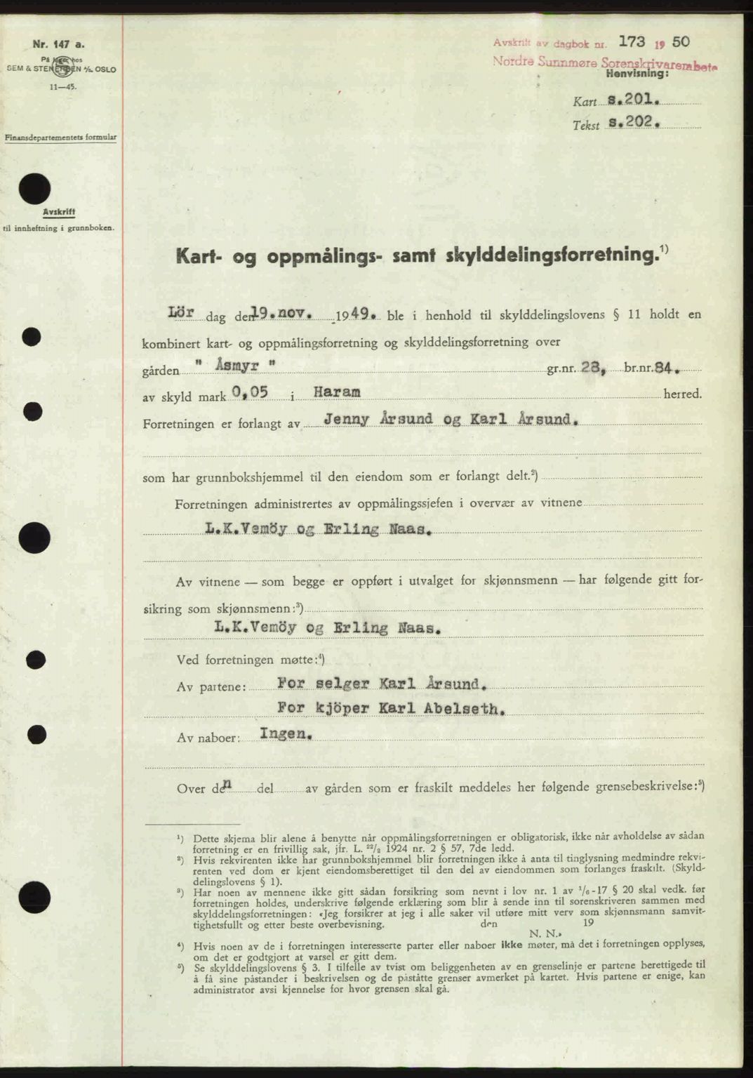 Nordre Sunnmøre sorenskriveri, AV/SAT-A-0006/1/2/2C/2Ca: Mortgage book no. A33, 1949-1950, Diary no: : 173/1950