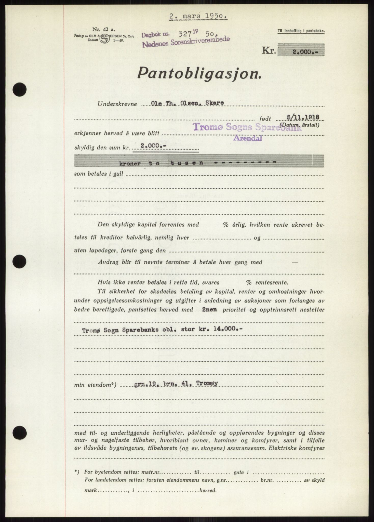 Nedenes sorenskriveri, AV/SAK-1221-0006/G/Gb/Gbb/L0007: Mortgage book no. B7, 1949-1950, Diary no: : 327/1950