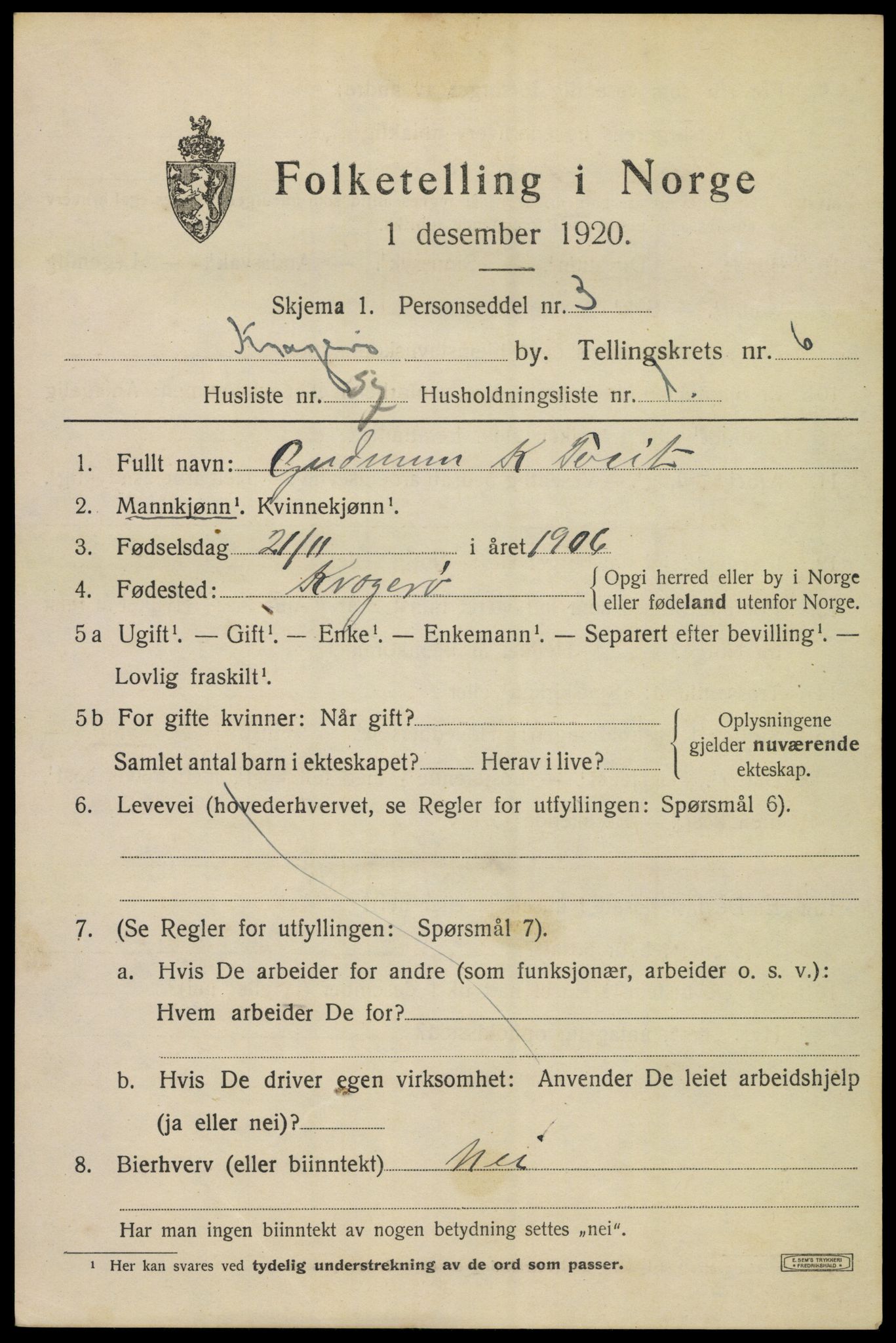 SAKO, 1920 census for Kragerø, 1920, p. 9711