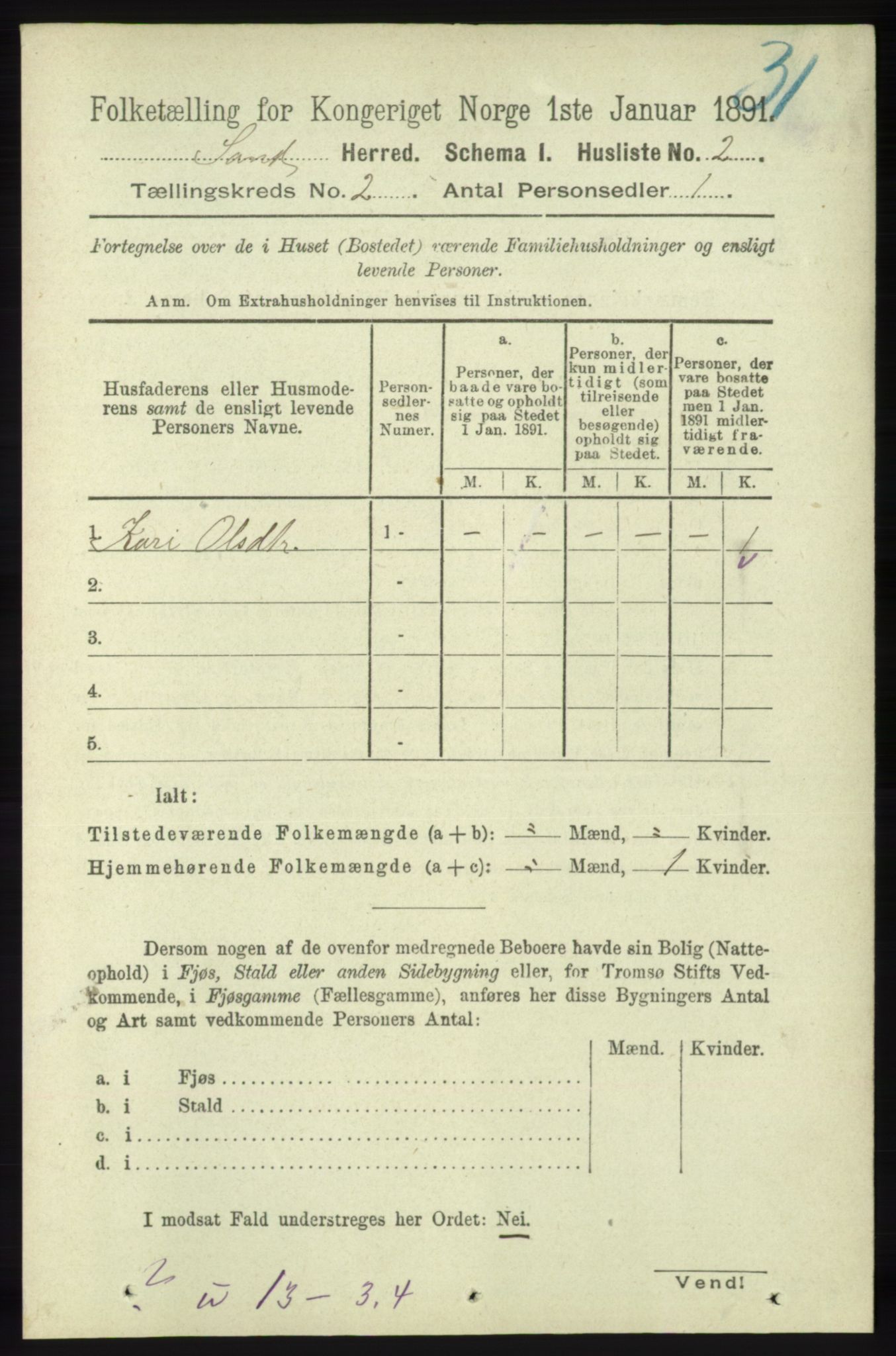 RA, 1891 census for 1136 Sand, 1891, p. 285