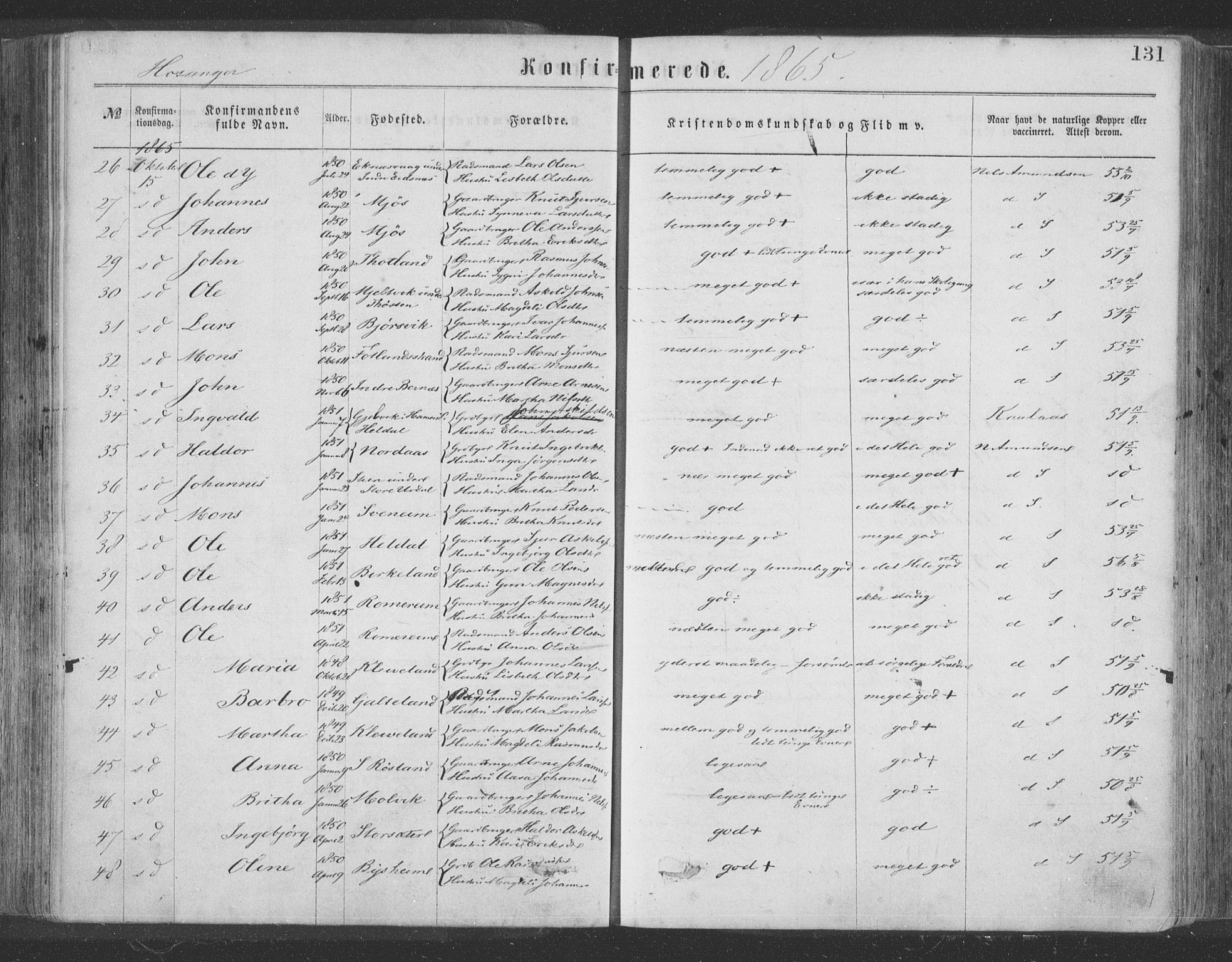 Hosanger sokneprestembete, AV/SAB-A-75801/H/Haa: Parish register (official) no. A 9, 1864-1876, p. 131