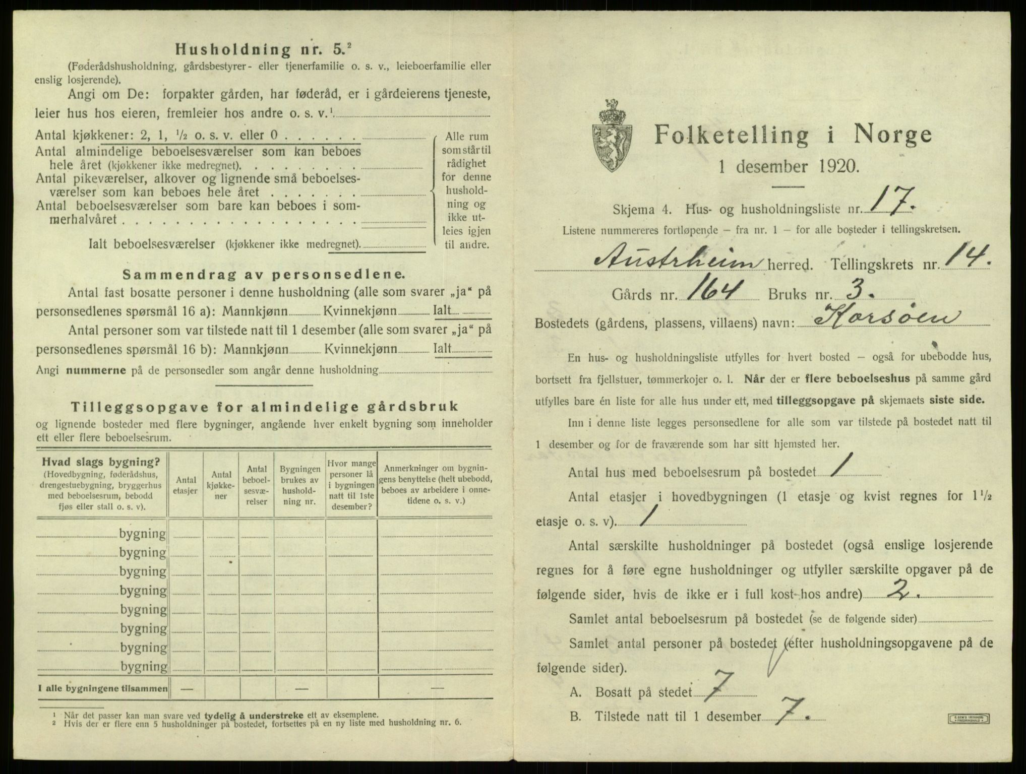 SAB, 1920 census for Austrheim, 1920, p. 688